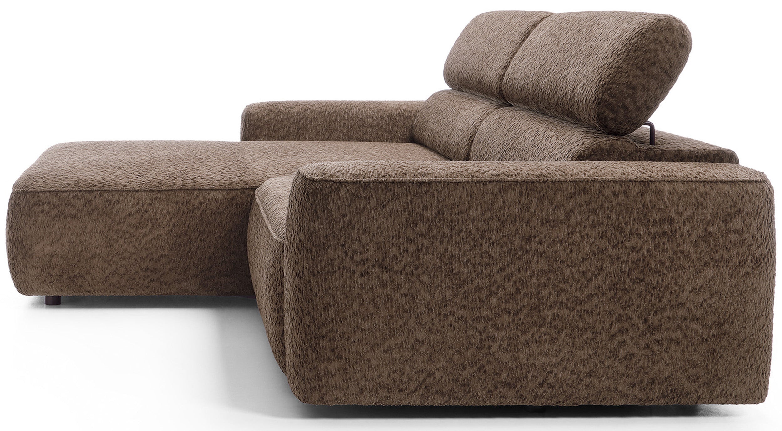 Ecksofa Fando mit elektrisch ausziehbarem Sitz, L-förmig, linksseitig, brauner Chenille-Bezug