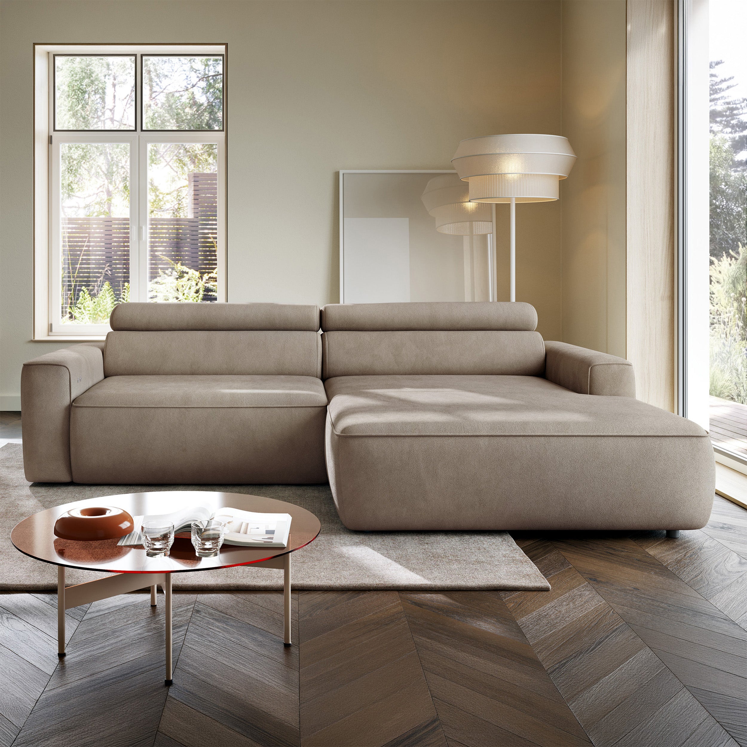 Ecksofa mit elektrischem Auszug Fando, L-förmig, rechtsseitig, beige Samt