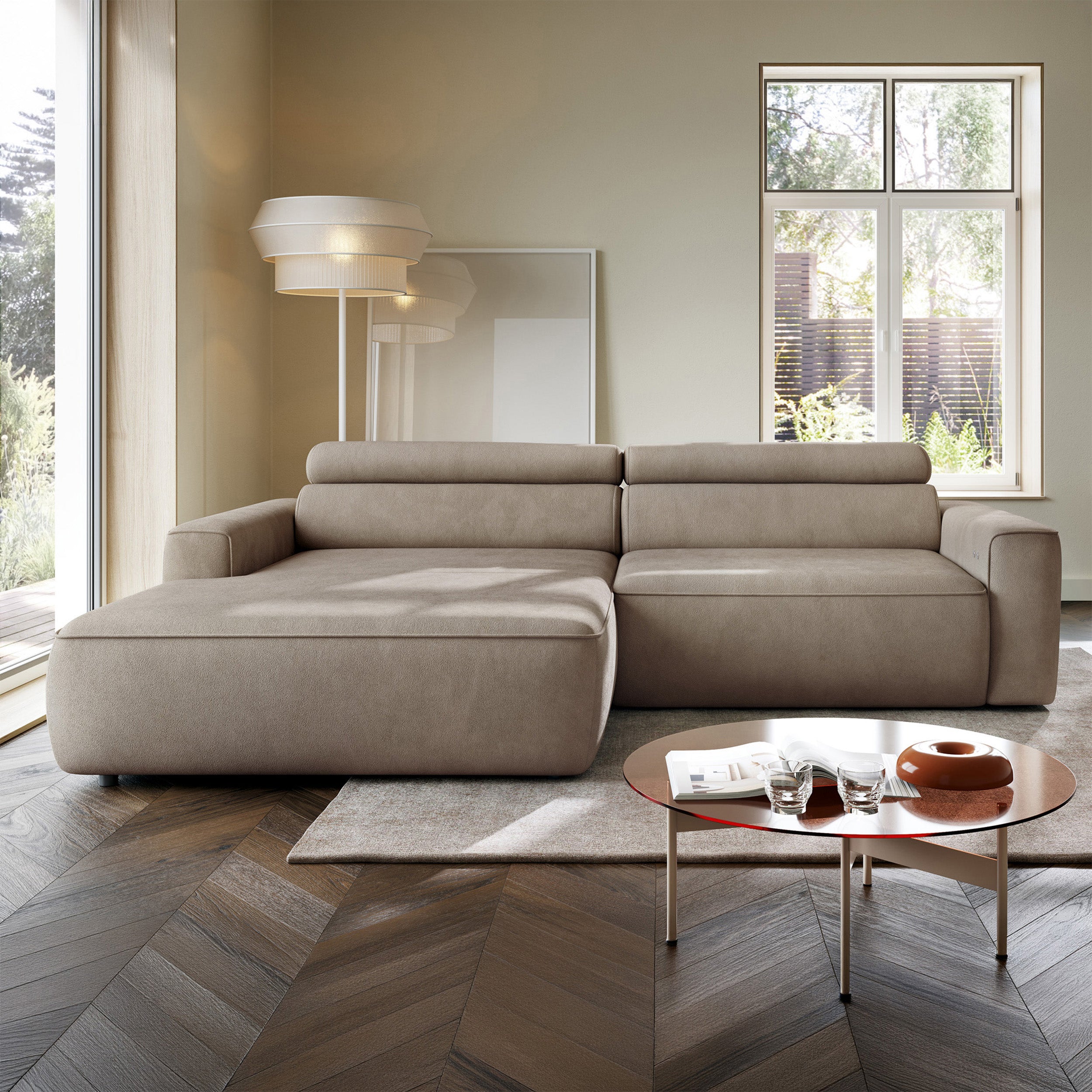 Ecksofa mit elektrischem Auszug Fando, L-förmig, linksseitig, beige Samt