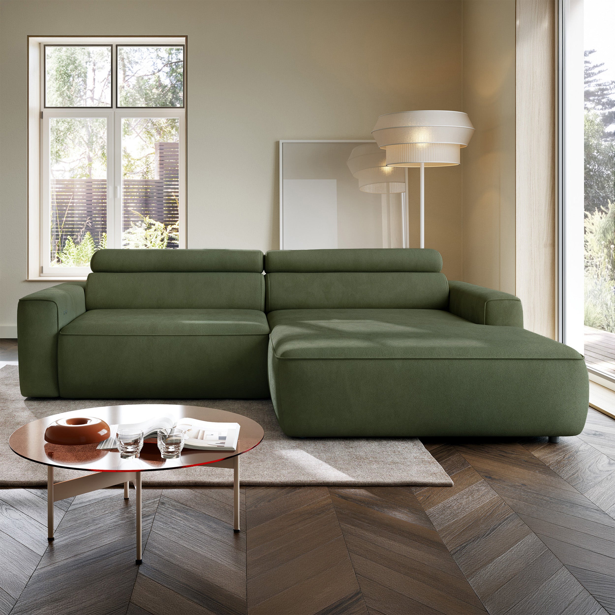 Ecksofa mit elektrischem Auszug Fando, L-förmig, rechtsseitig, salbeigrüner Samtvelours