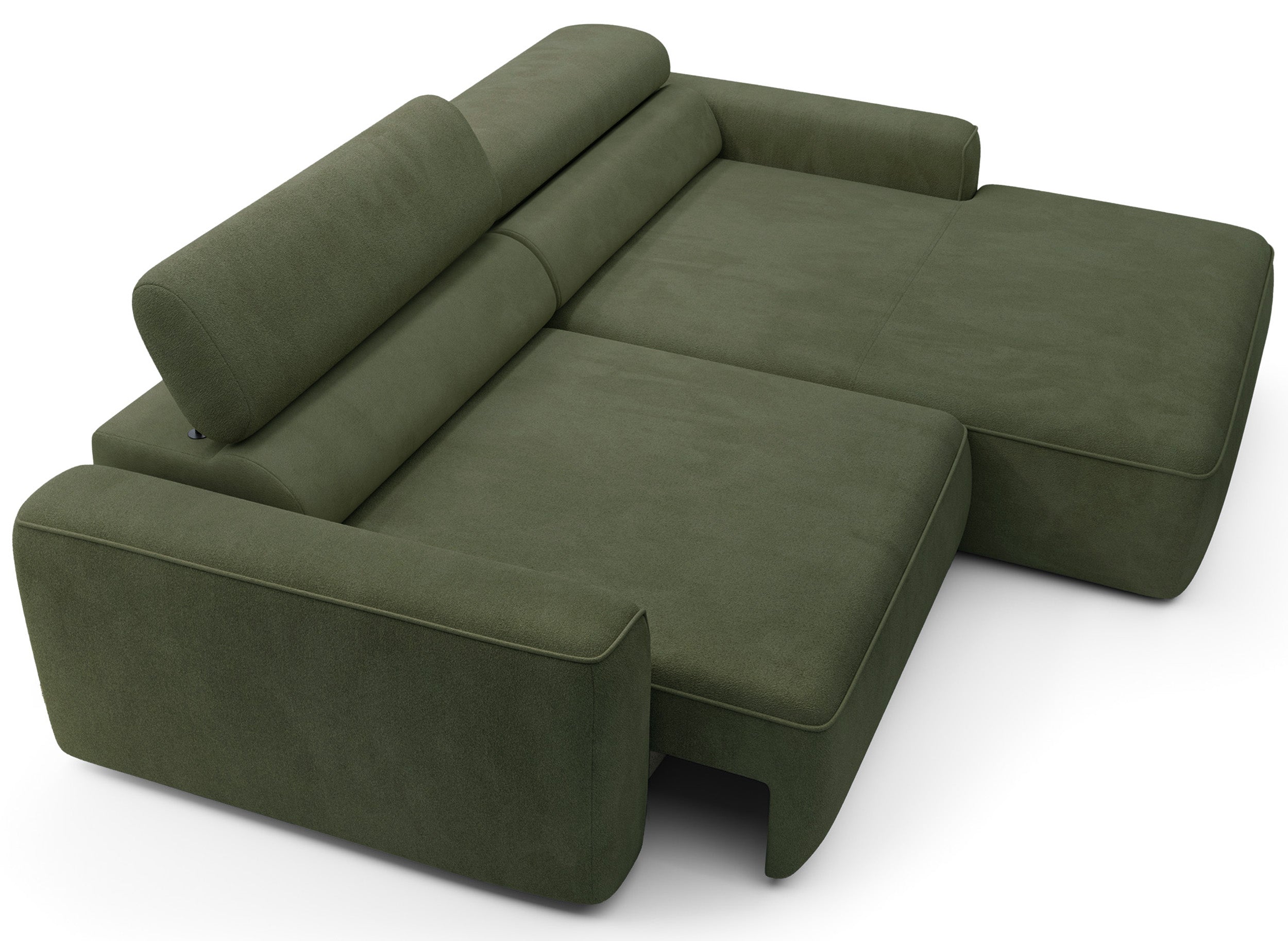 Ecksofa mit elektrischem Auszug Fando, L-förmig, rechtsseitig, salbeigrüner Samtvelours