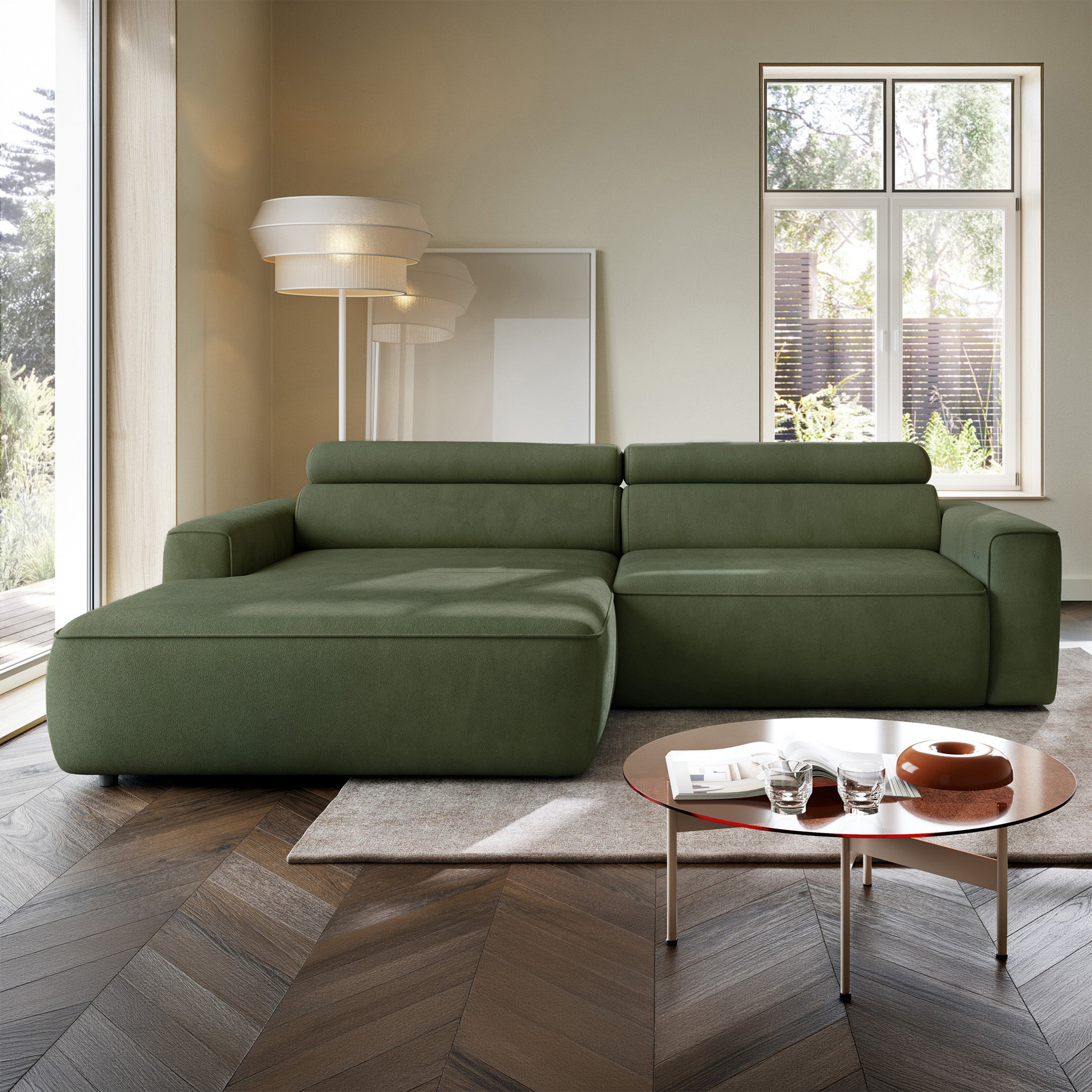 Ecksofa mit elektrischem Auszug Fando L-förmig, linksseitig, Salbeigrün, Samtvelours