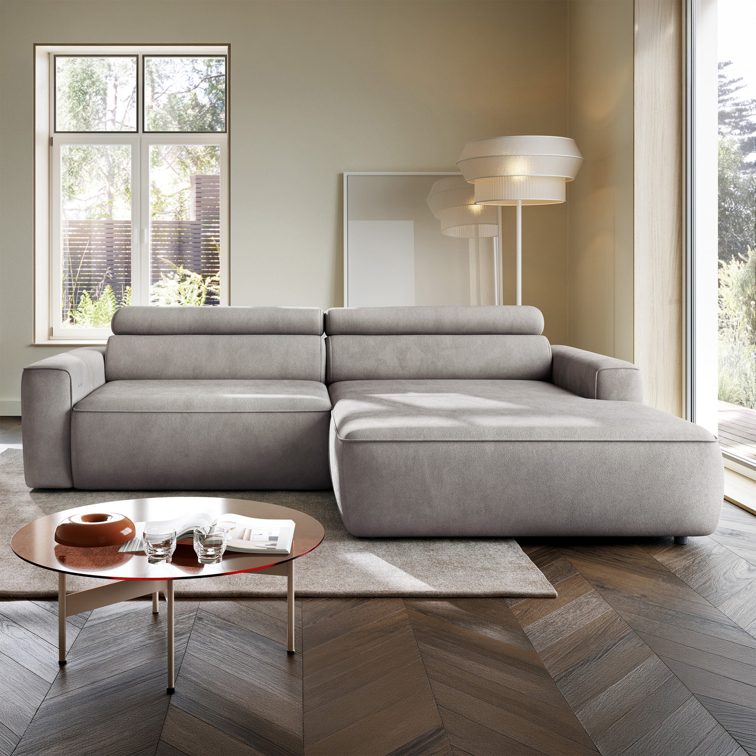 Ecksofa mit elektrischem Auszug Fando, L-förmig, rechtsseitig, grauer Samt