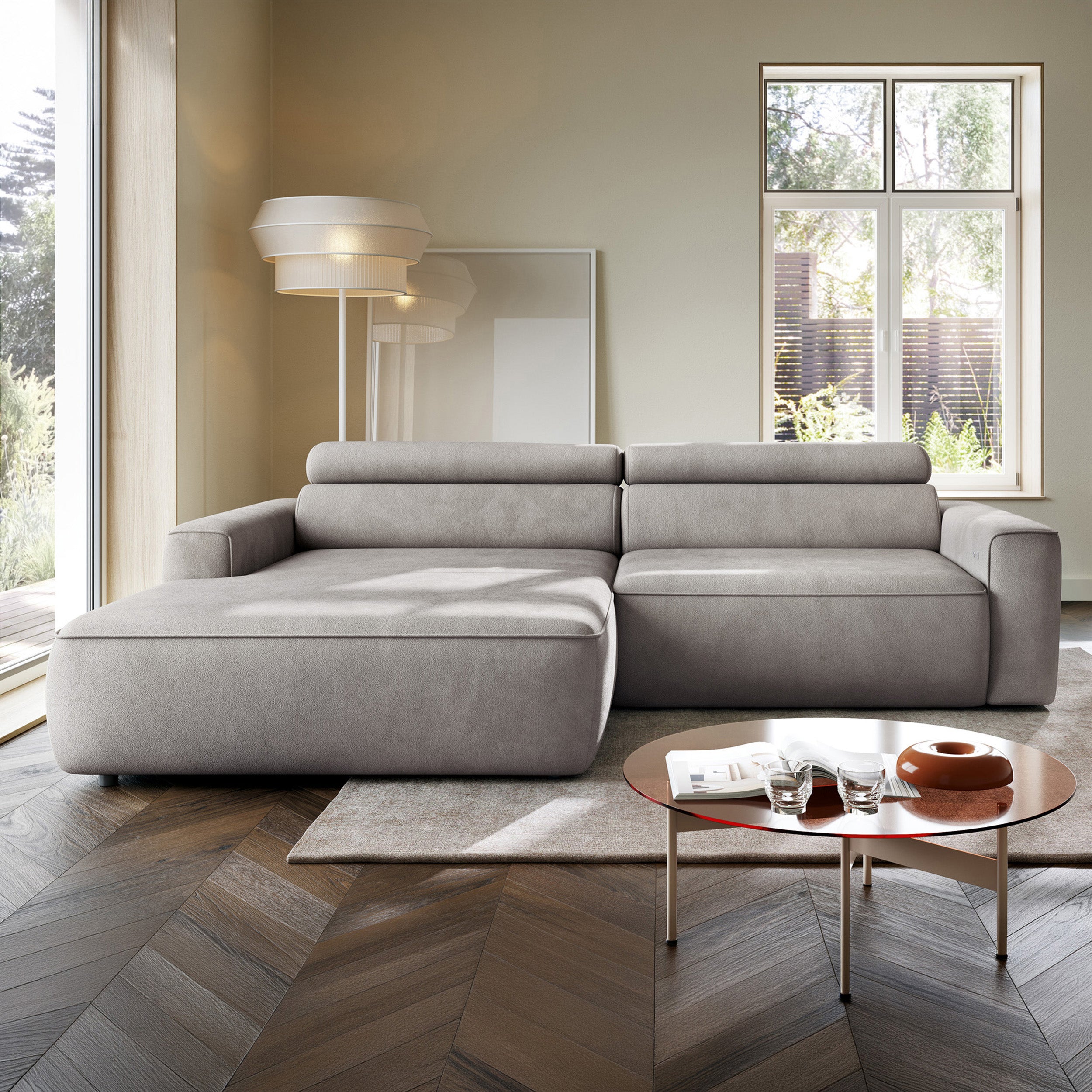 Ecksofa mit elektrischem Auszug Fando, L-förmig, linksseitig, grauer Samt