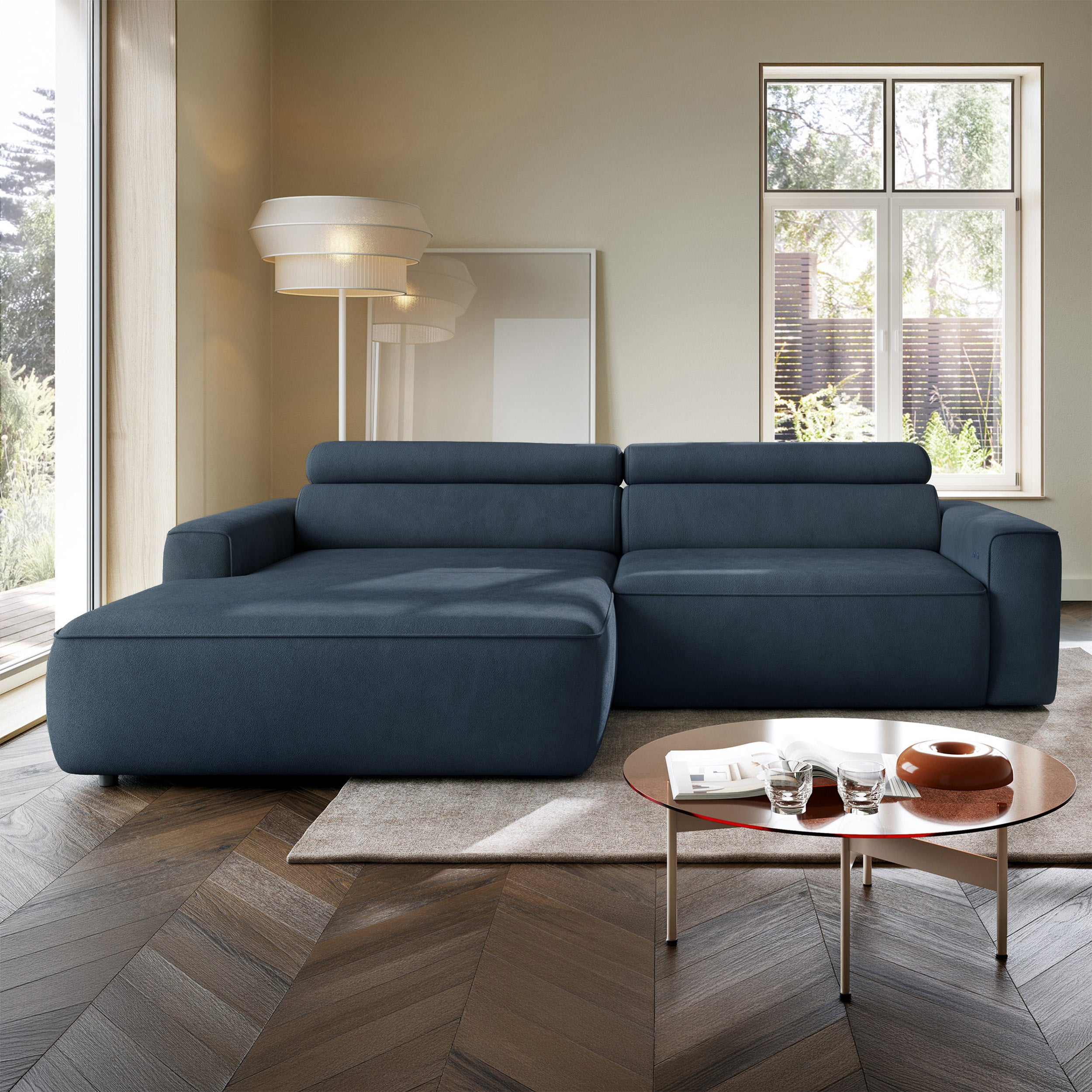 Ecksofa mit elektrischem Auszug Fando, L-förmig, linksseitig, blauer Samtstoff