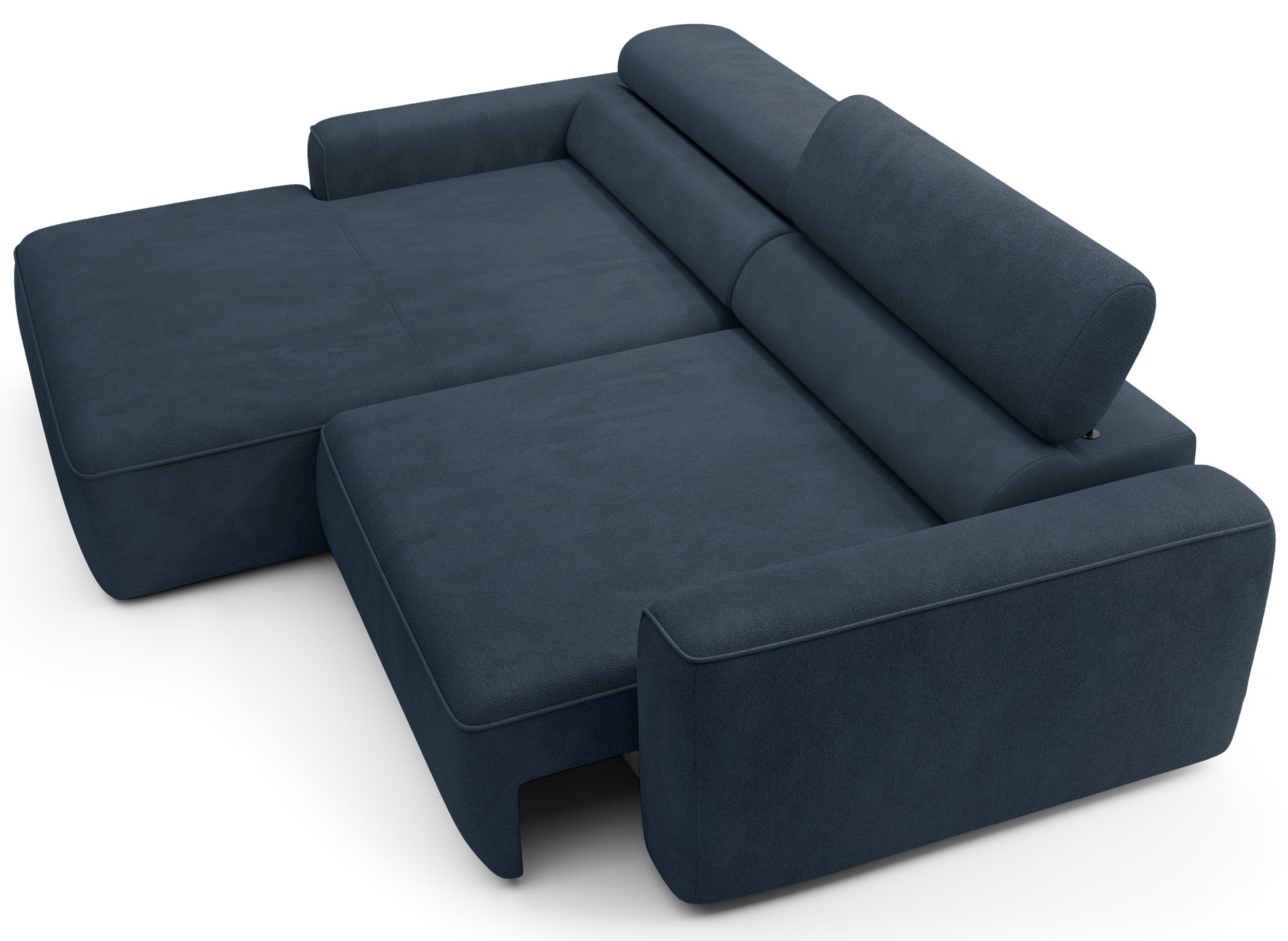 Ecksofa mit elektrischem Auszug Fando, L-förmig, linksseitig, blauer Samtstoff