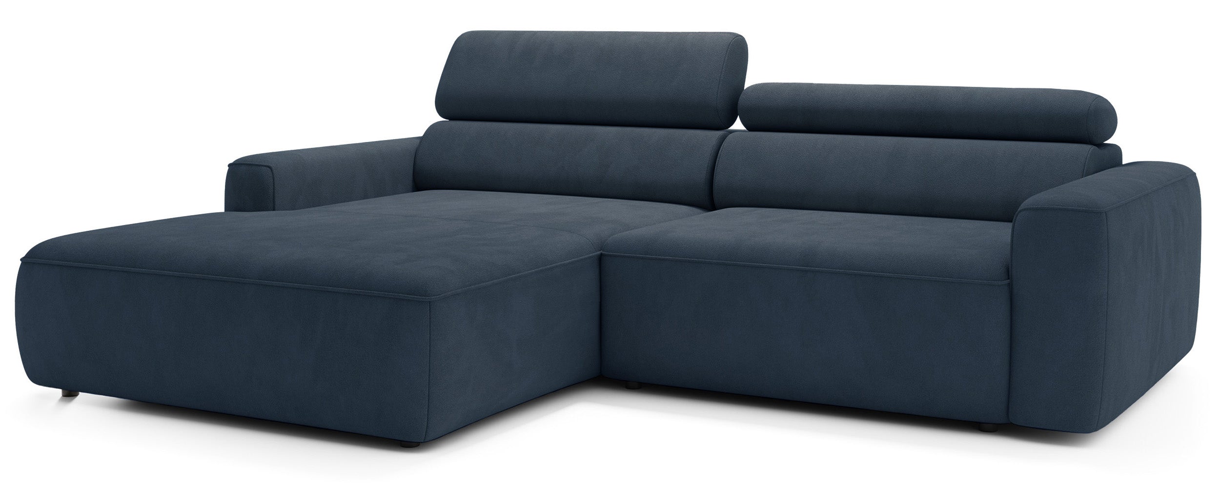 Ecksofa mit elektrischem Auszug Fando, L-förmig, linksseitig, blauer Samtstoff