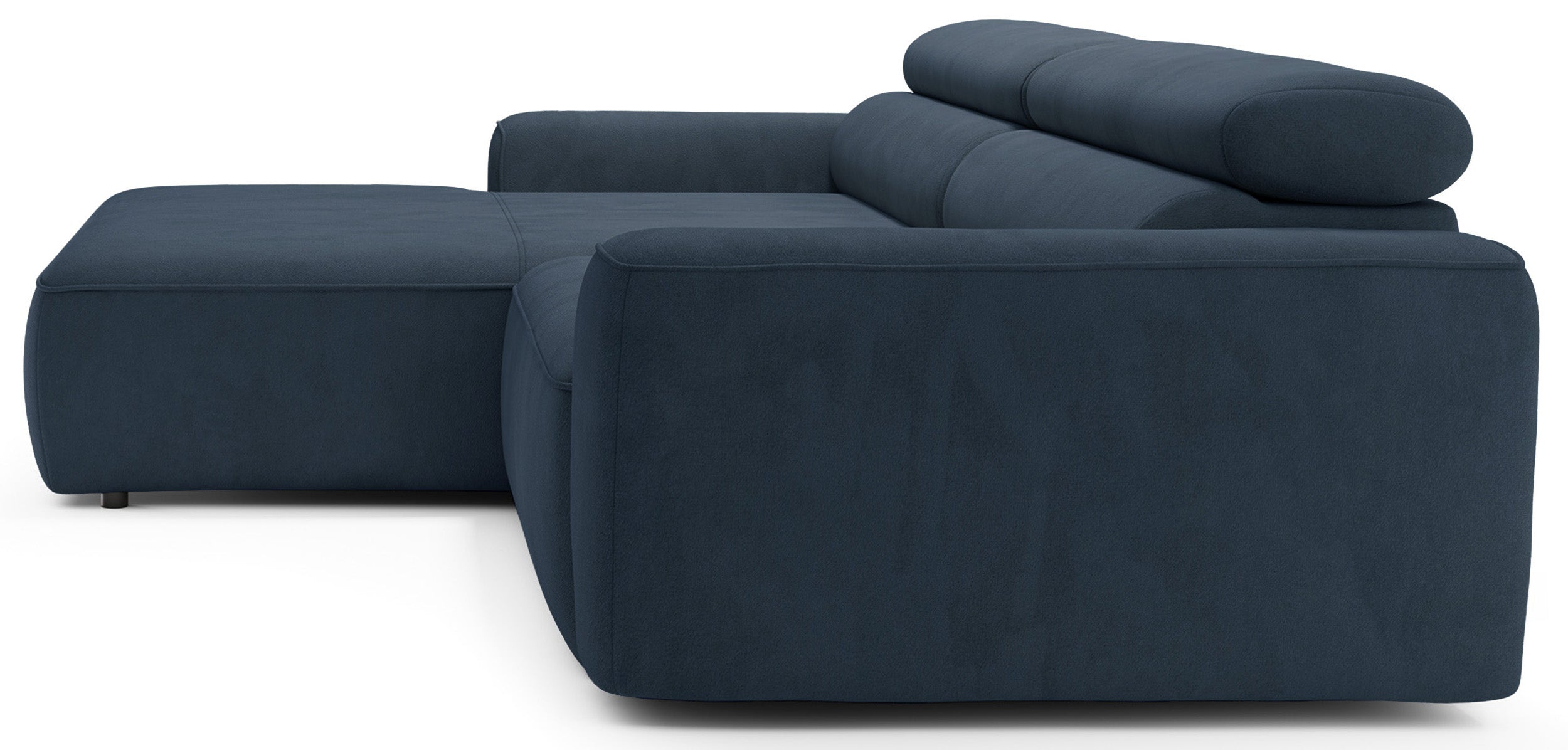 Ecksofa mit elektrischem Auszug Fando, L-förmig, linksseitig, blauer Samtstoff