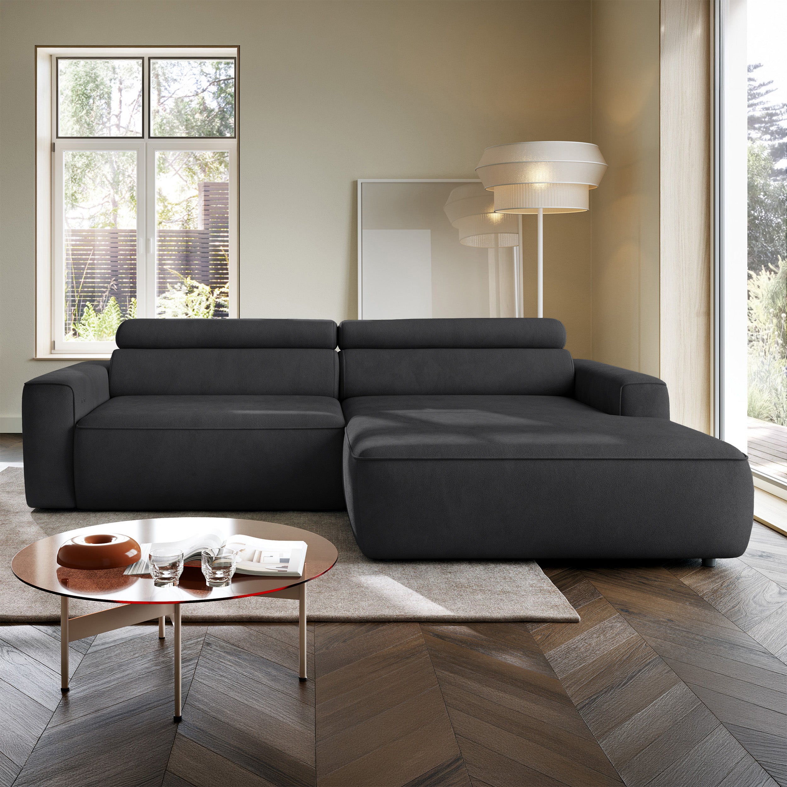 Ecksofa mit elektrischem Auszug Fando, L-förmig, rechtsseitig, dunkelgrauer Samt