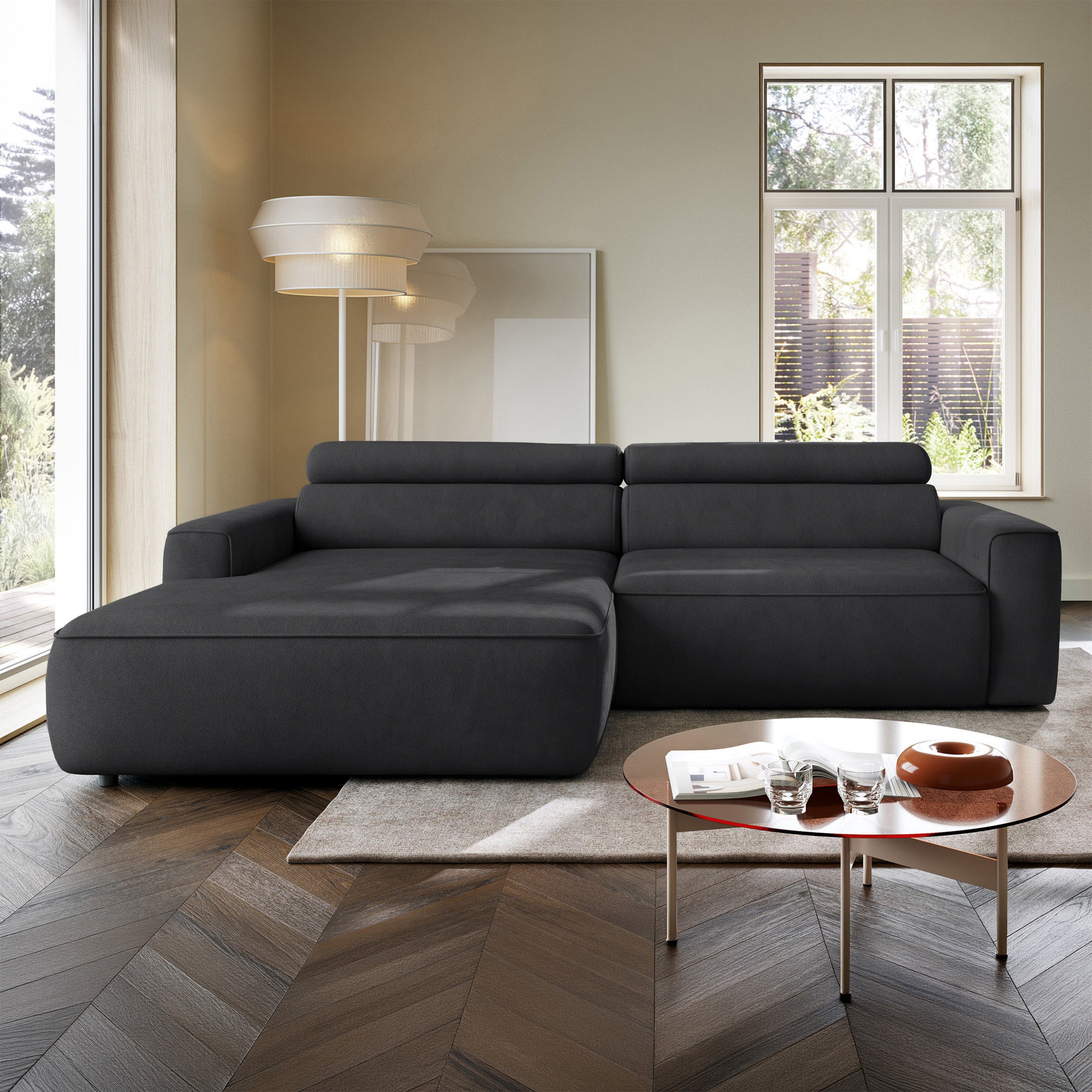 Ecksofa mit elektrischem Auszug Fando, L-förmig, linksseitig, dunkelgrauer Samt