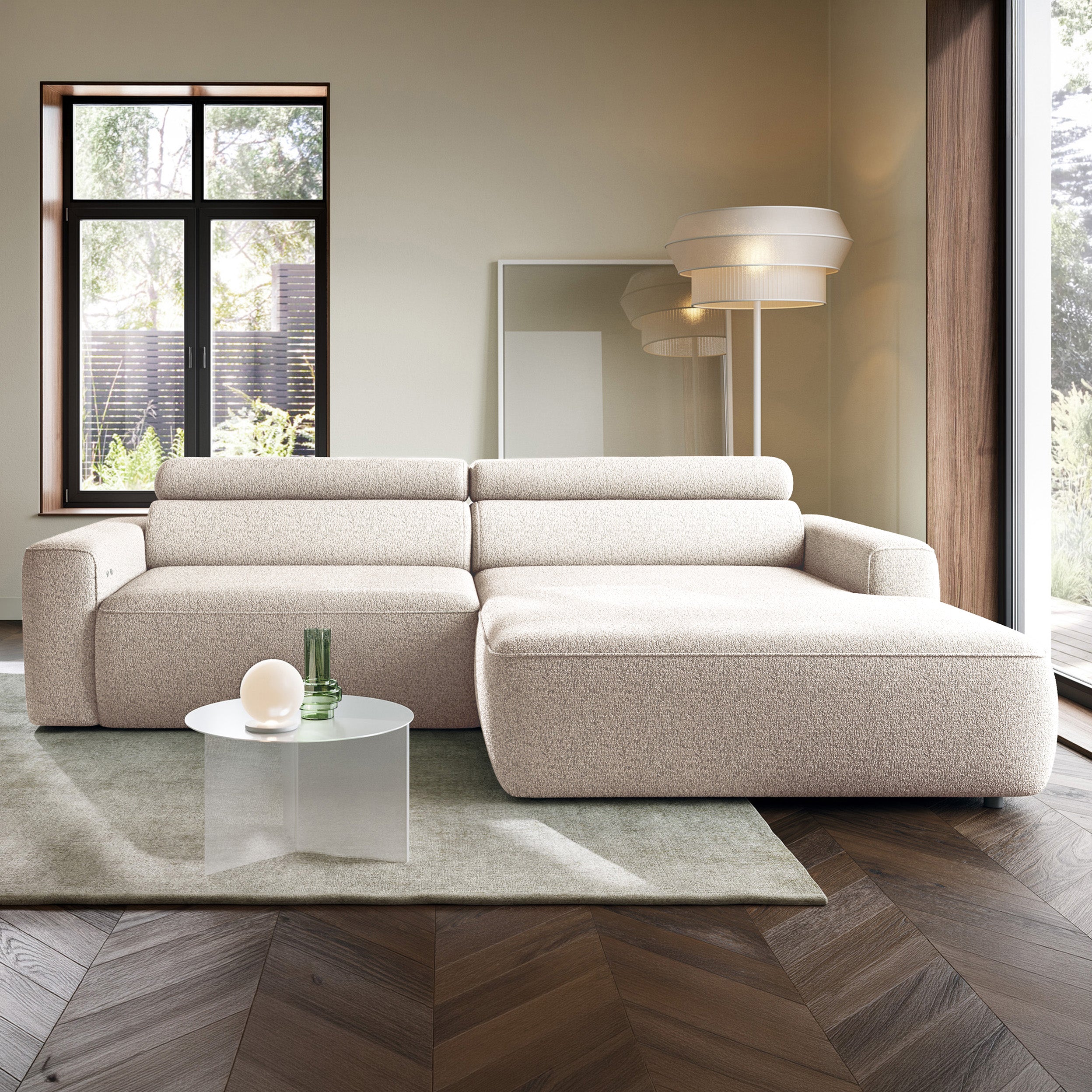 Ecksofa mit elektrischem Auszug Fando, L-förmig, rechtsseitig, hellbeige, Geflecht
