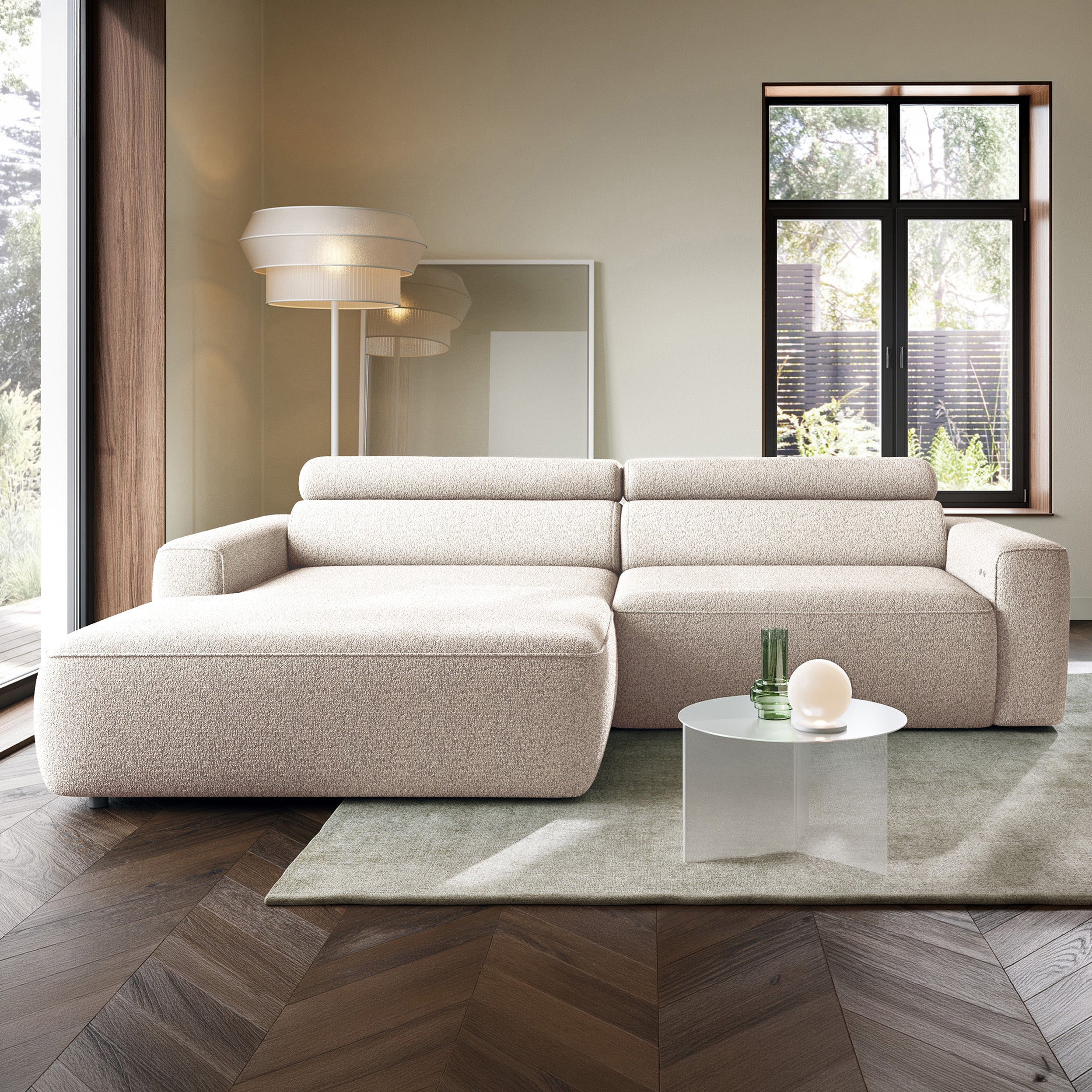 Ecksofa mit elektrischem Auszug Fando, L-förmig, linksseitig, hellbeige, Geflecht