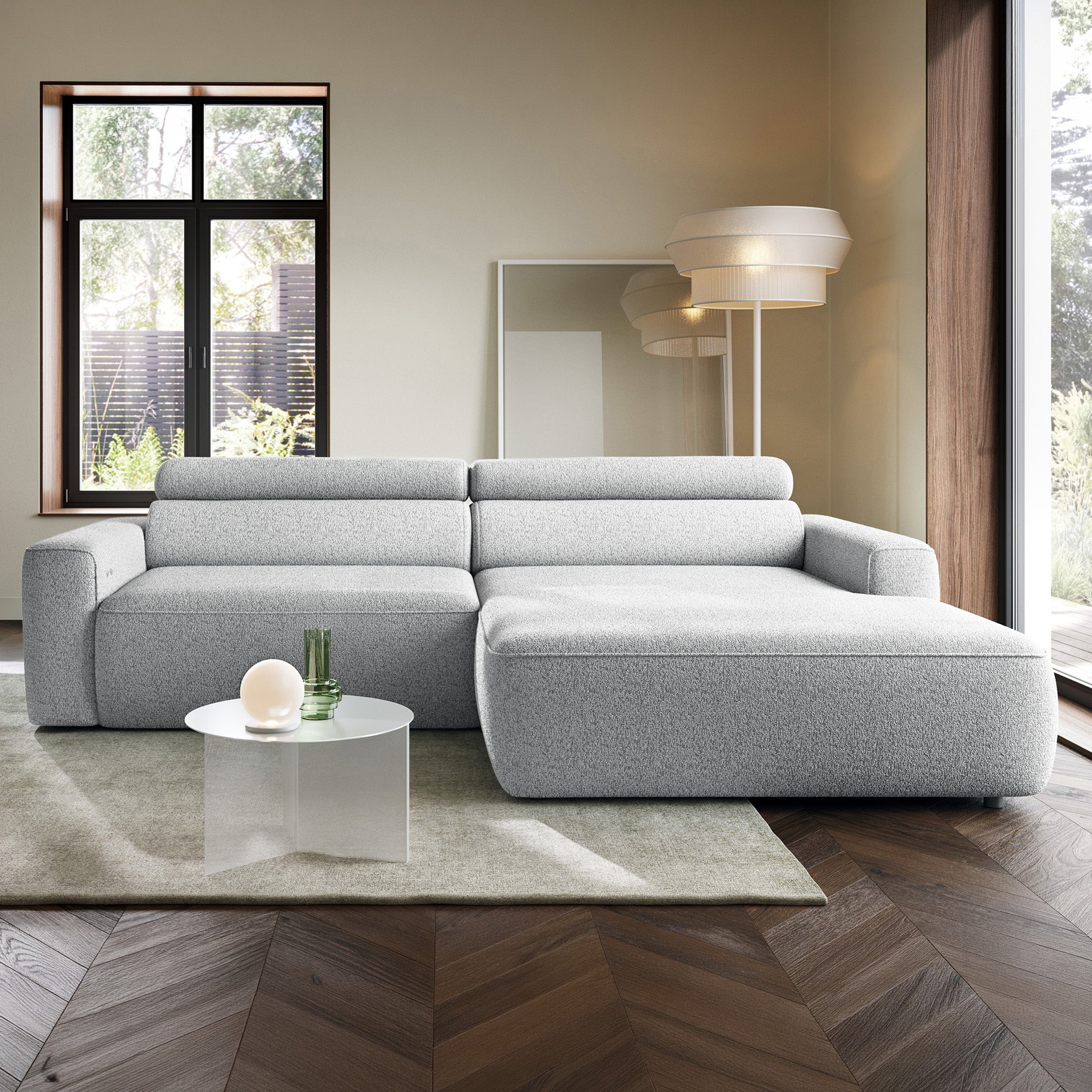 Ecksofa mit elektrischem Auszug Fando, L-förmig, rechtsseitig, hellgraues Geflecht