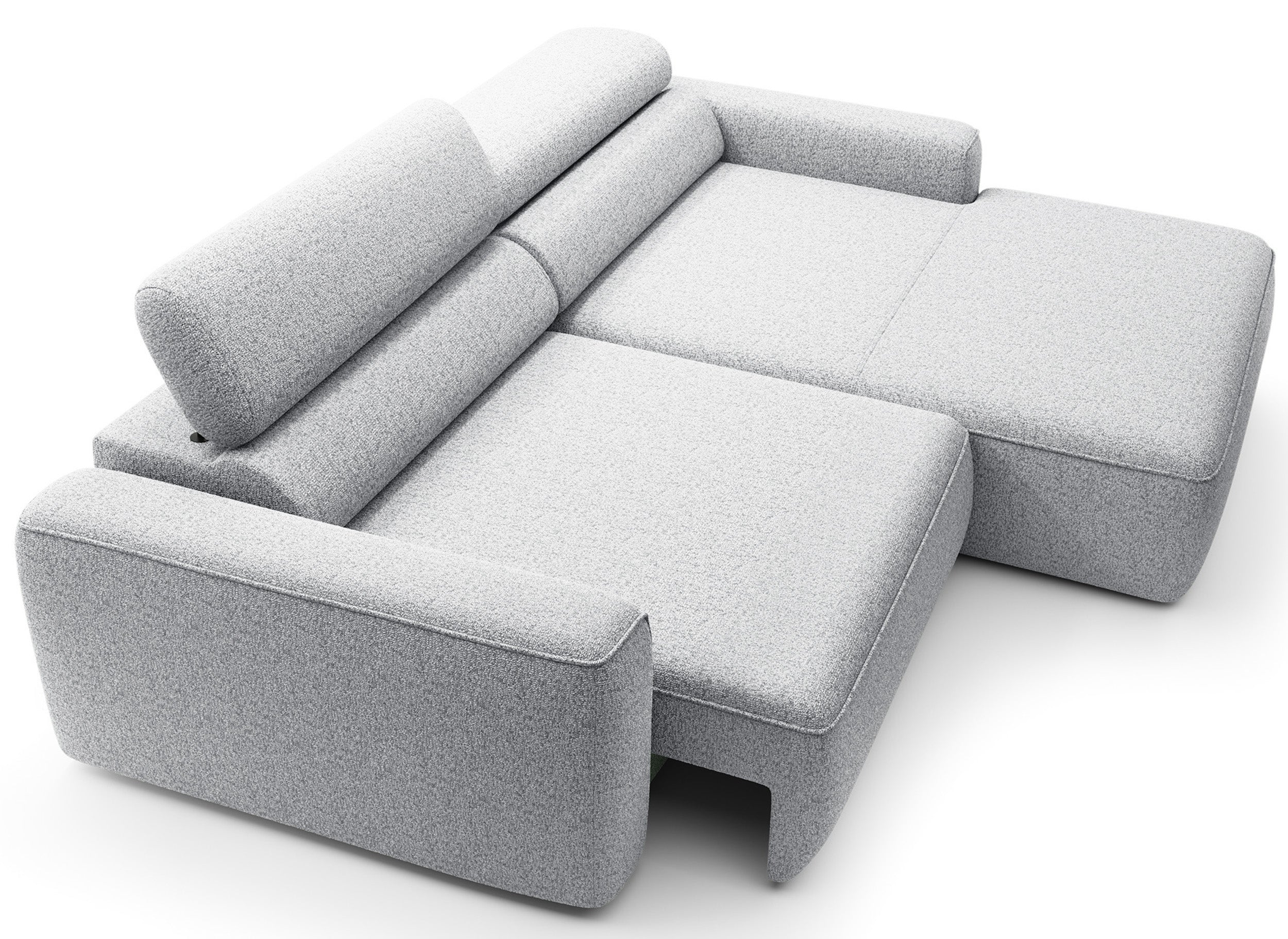 Ecksofa mit elektrischem Auszug Fando, L-förmig, rechtsseitig, hellgraues Geflecht