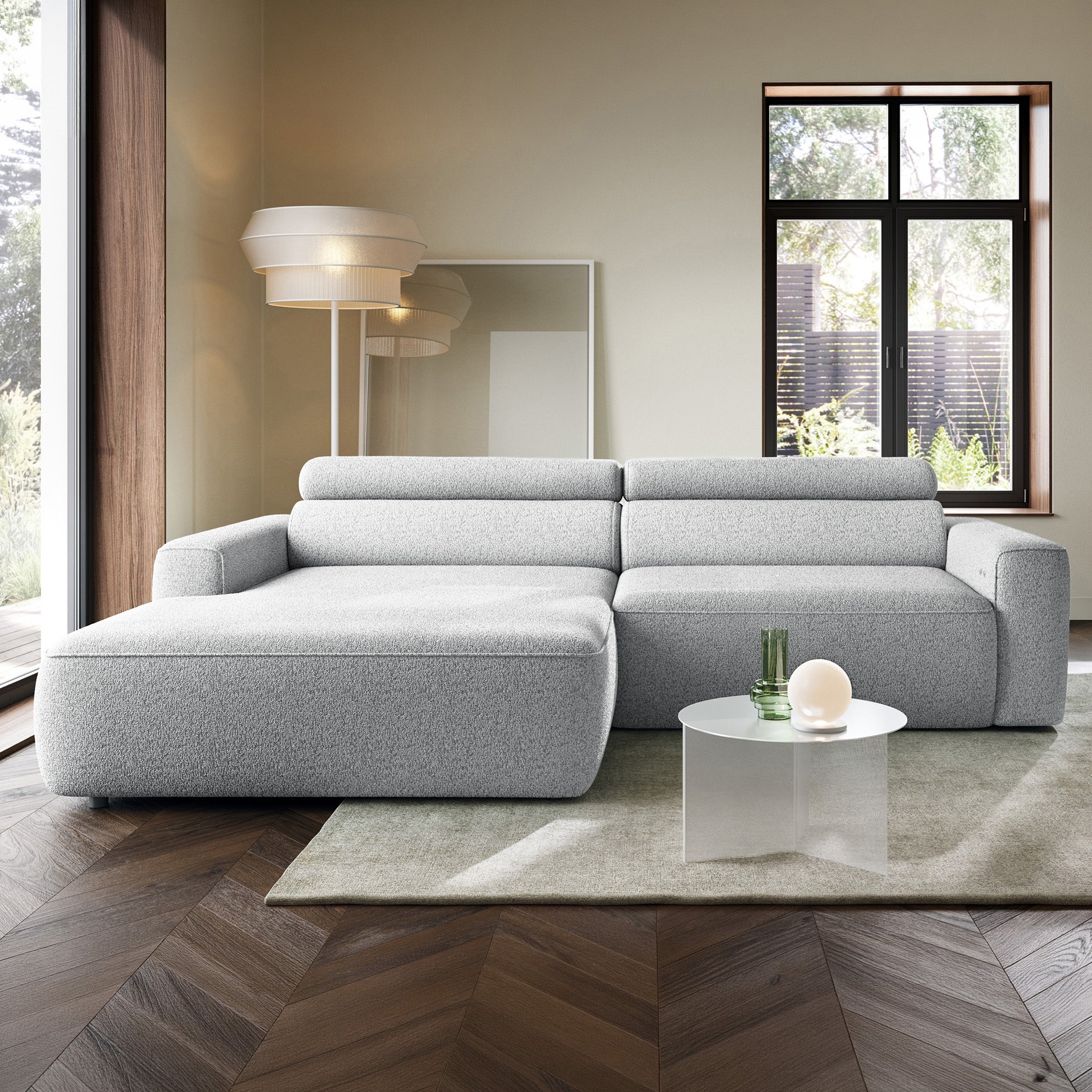 Ecksofa mit elektrischem Auszug Fando, L-förmig, linksseitig, hellgrau, Geflecht