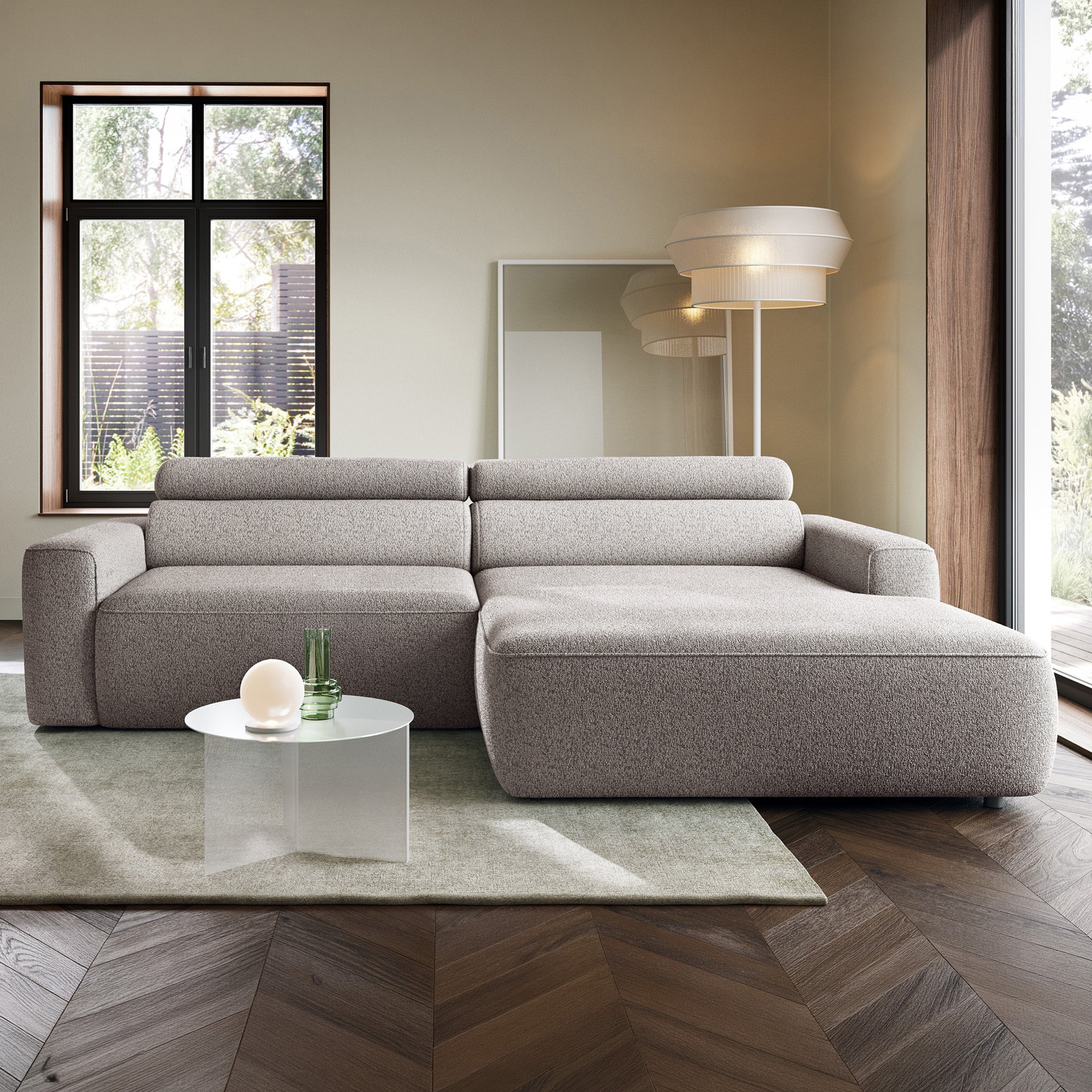 Ecksofa mit elektrischem Auszug Fando, L-förmig, rechtsseitig, grau-beige, Geflecht