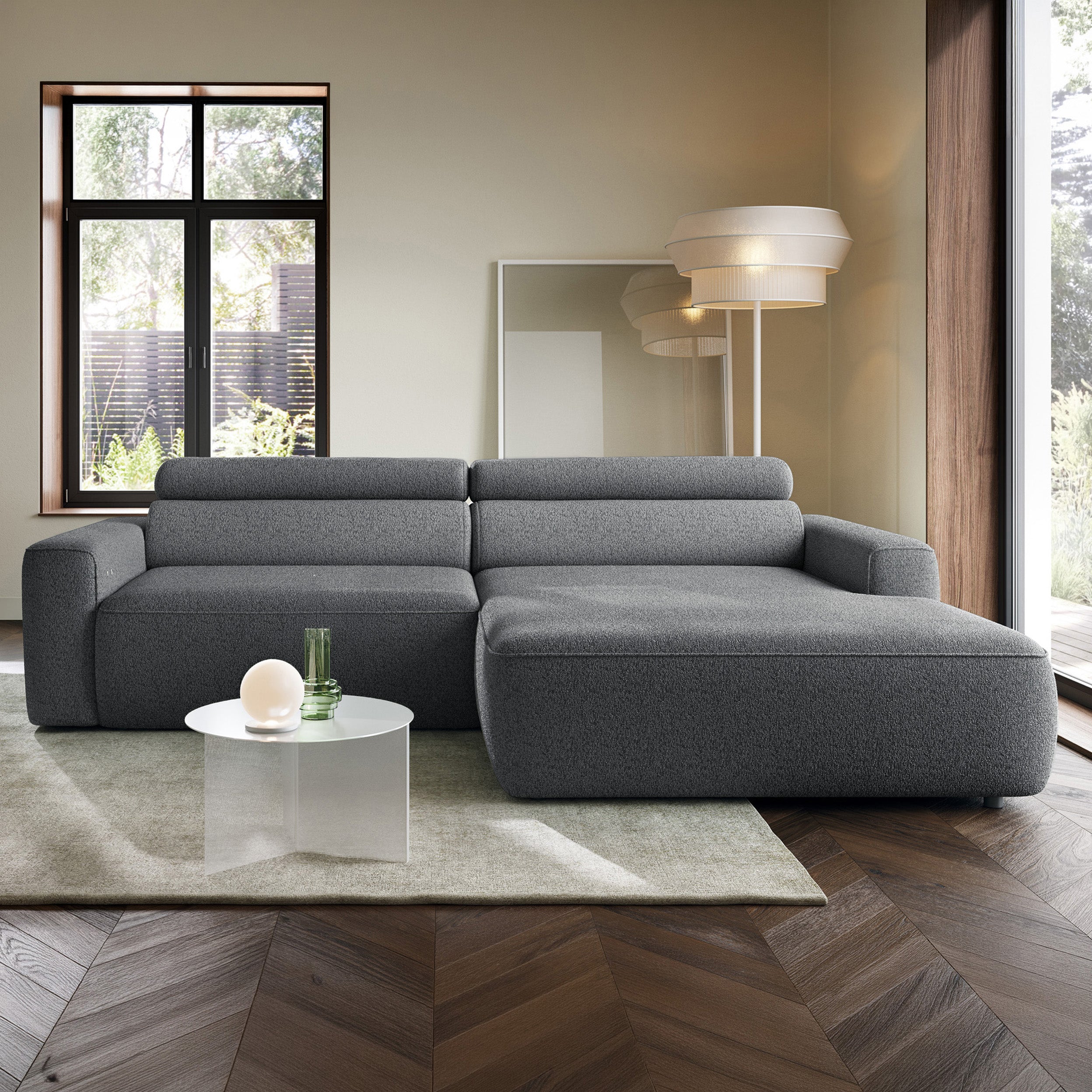 Ecksofa mit elektrischem Auszug Fando, L-förmig, rechtsseitig, grau, Geflecht