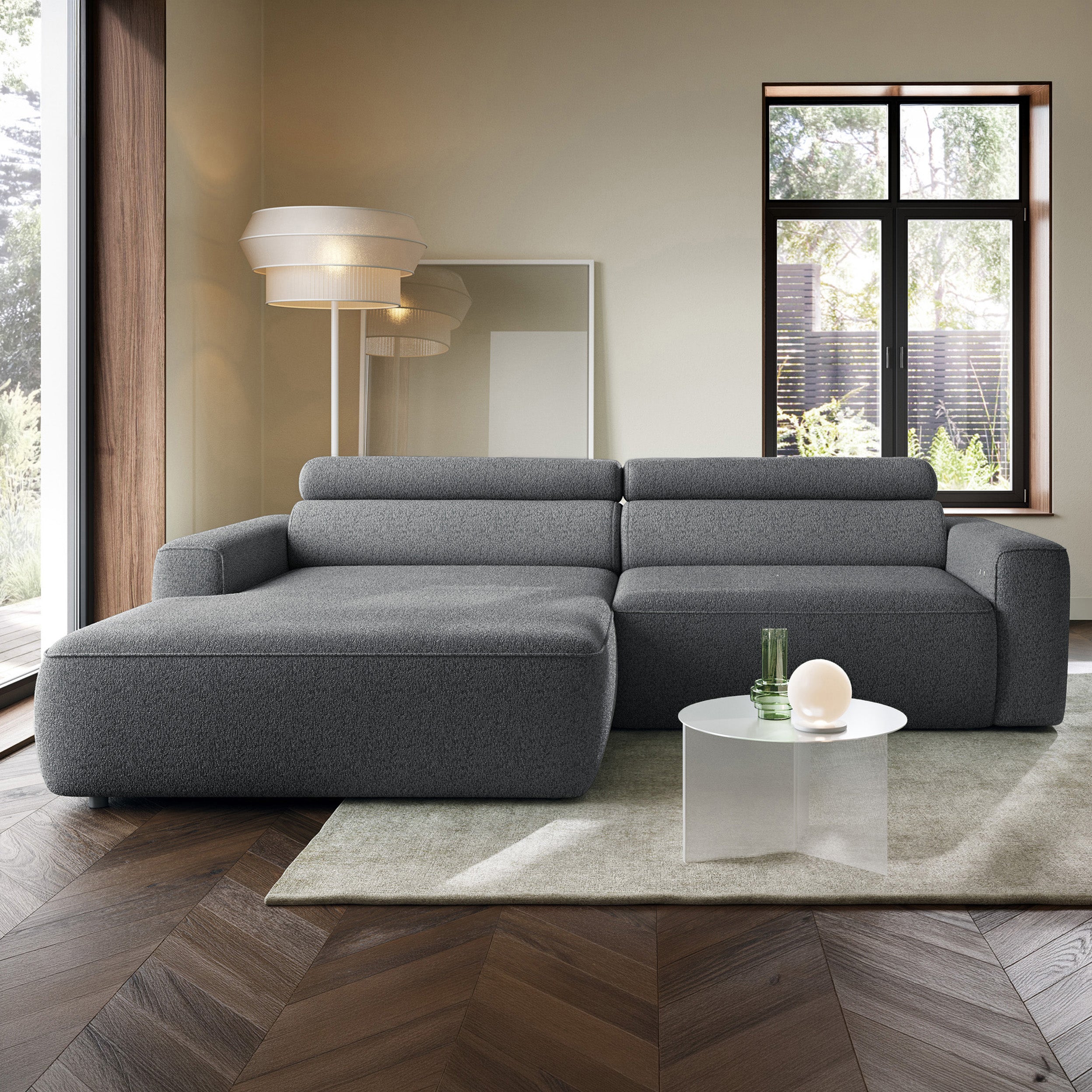 Ecksofa mit elektrischem Auszug Fando, L-förmig, linksseitig, grau, Geflecht