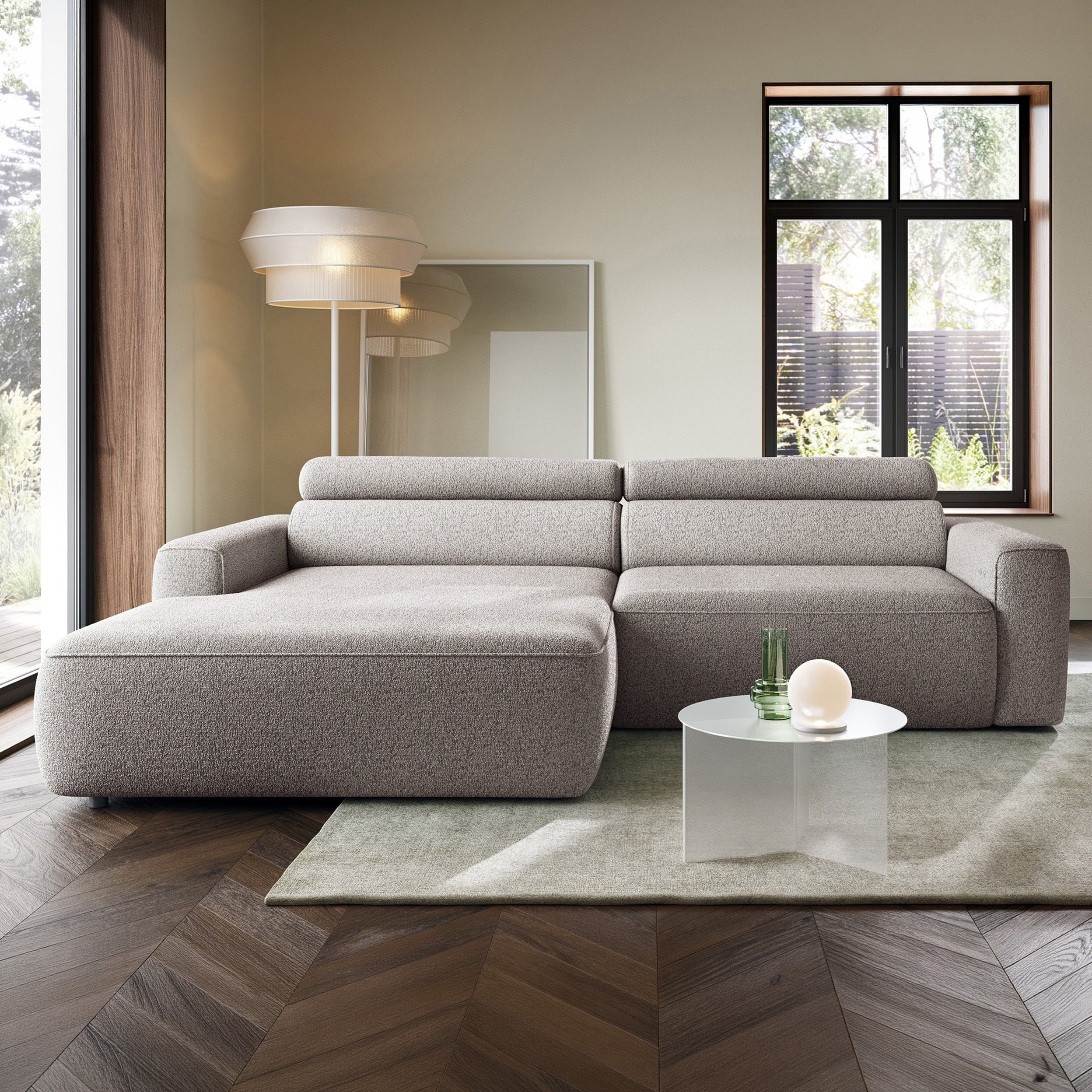 Ecksofa mit elektrischem Auszug Fando, L-förmig, linksseitig, grau-beige, Geflecht