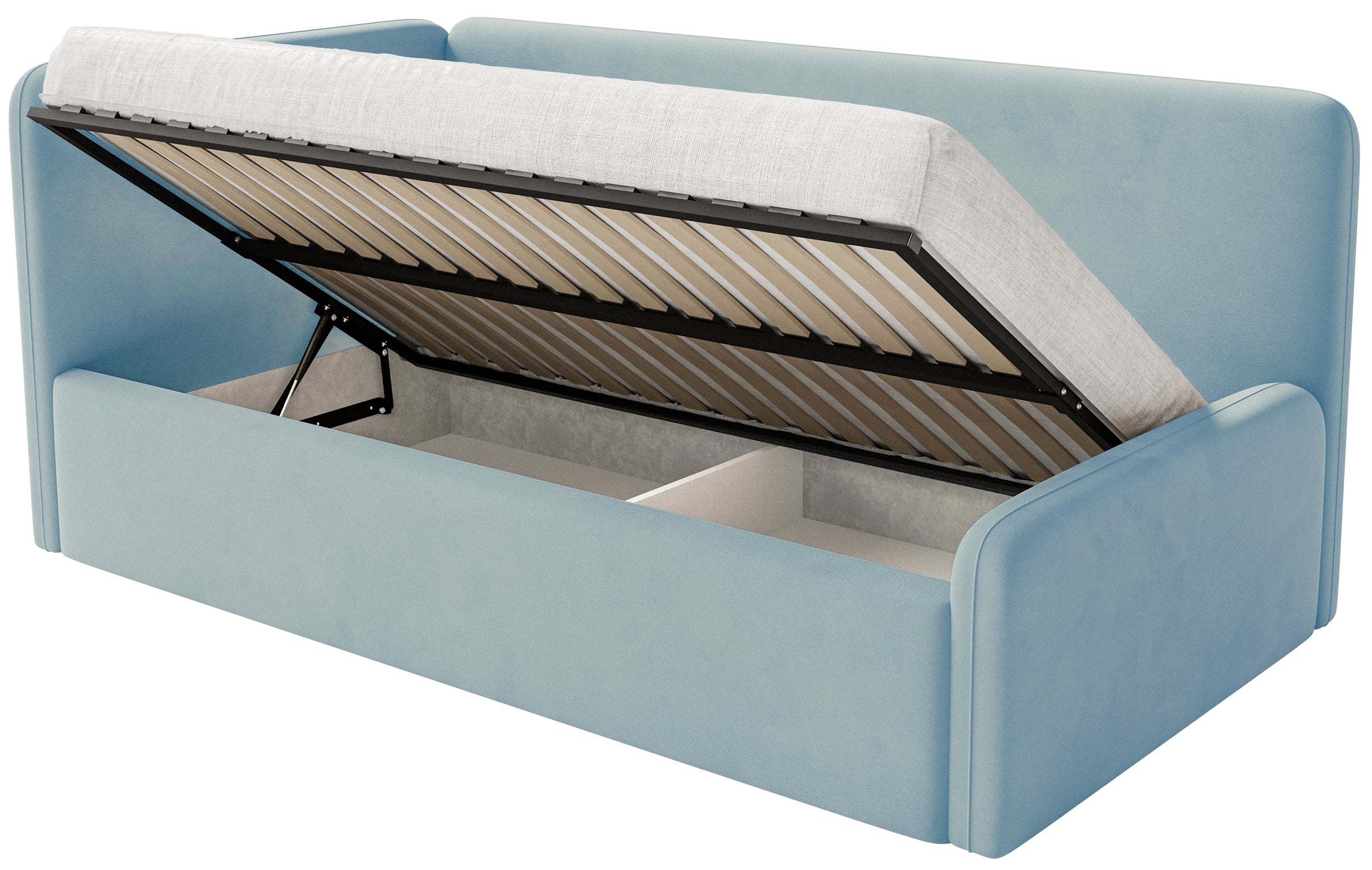 Jugendbett 120x200 cm Fanklo linksseitig mit Stauraum, hellblauer Velours, wasserabweisend und pflegeleicht