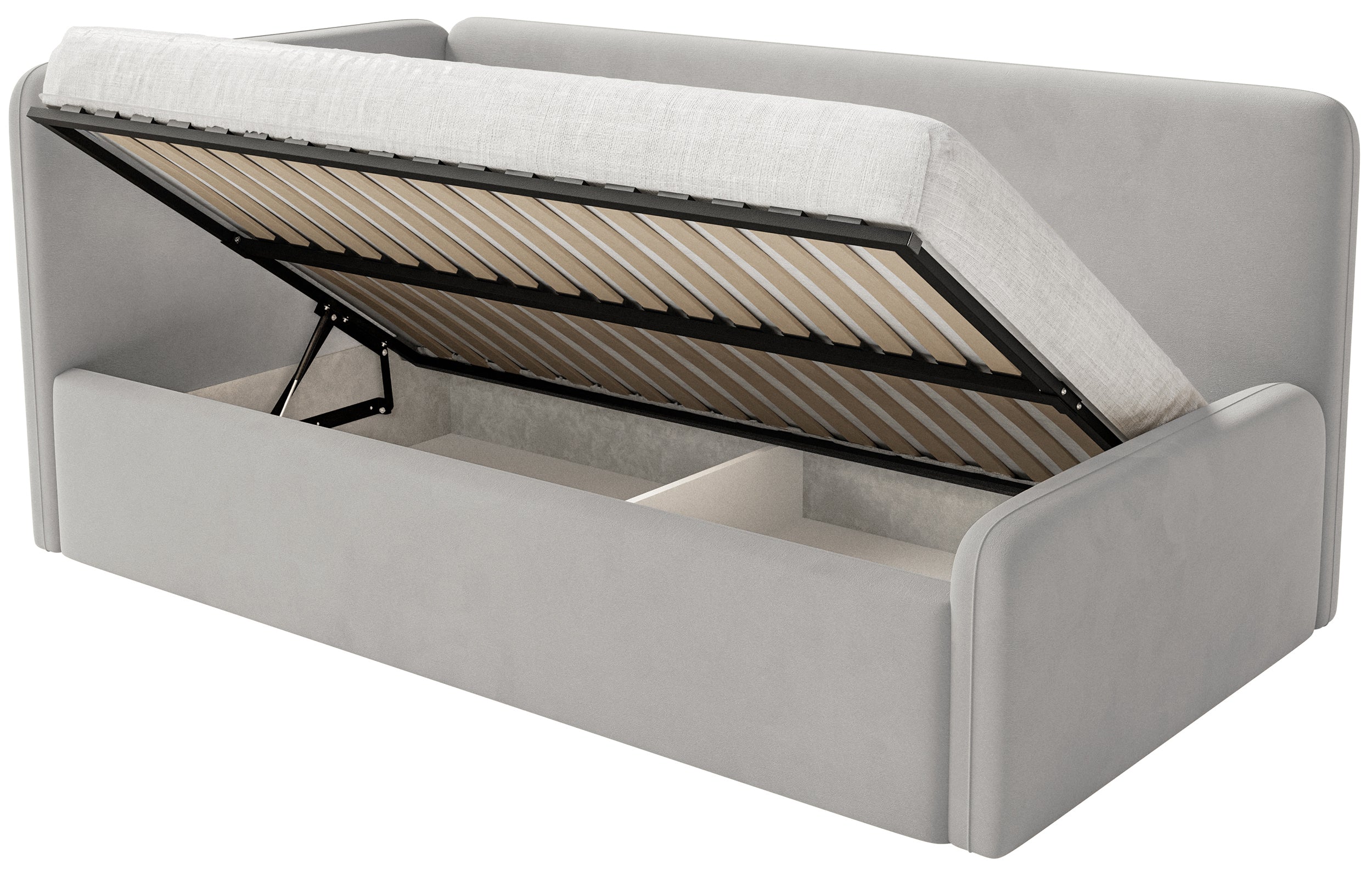 Jugendbett 120x200 cm Fanklo linksseitig mit Stauraum, hellgrauer Velours, wasserabweisend und pflegeleicht