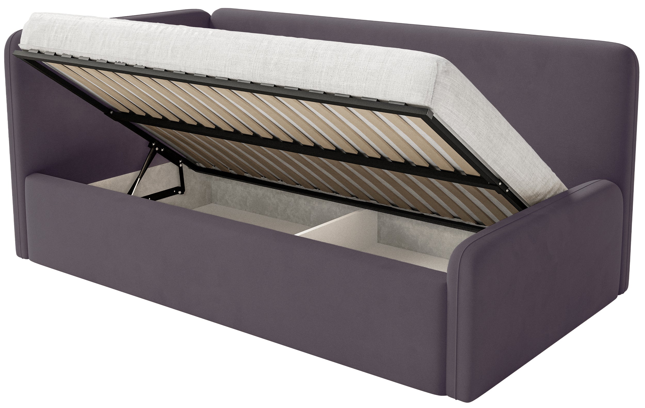 Jugendbett 120x200 cm Fanklo linksseitig mit Stauraum und Geländern, violetter Velours, wasserabweisend und leicht zu reinigen