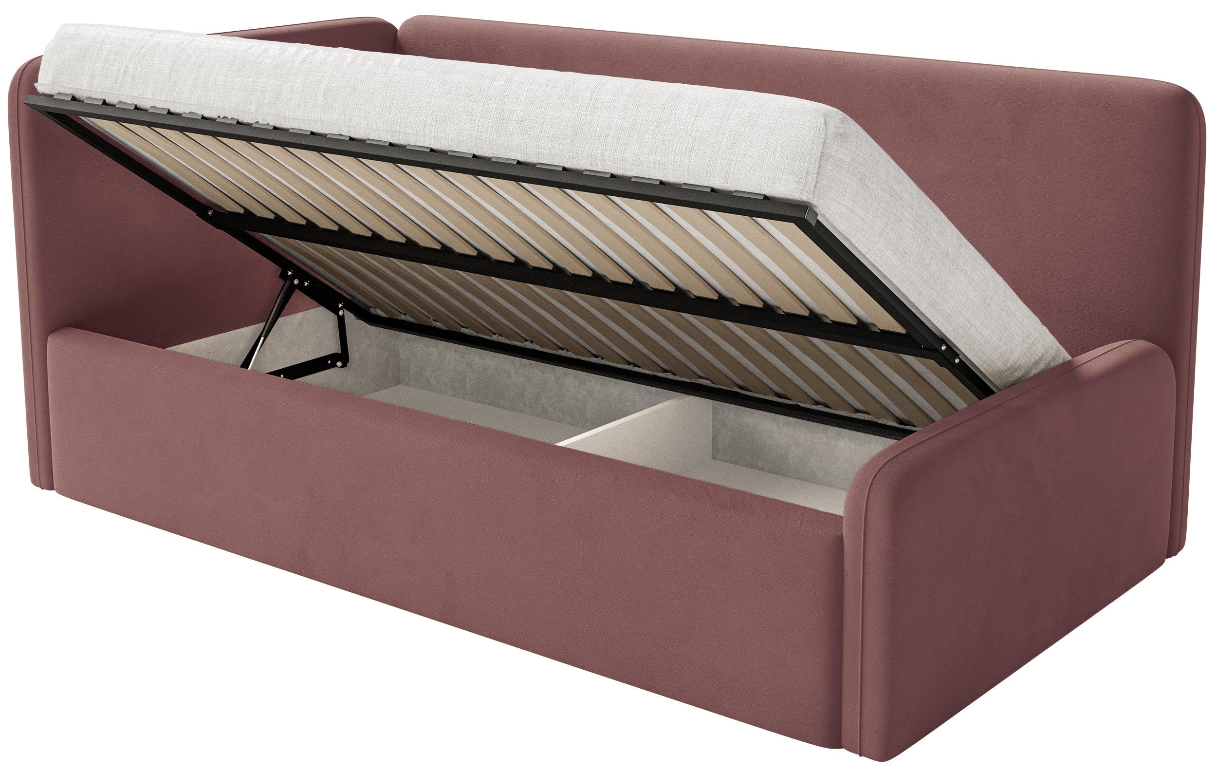 Jugendbett 120x200 cm Fanklo linksseitig mit Matratze, Stauraum und Geländern, rosa Velours, wasserabweisend und leicht zu reinigen