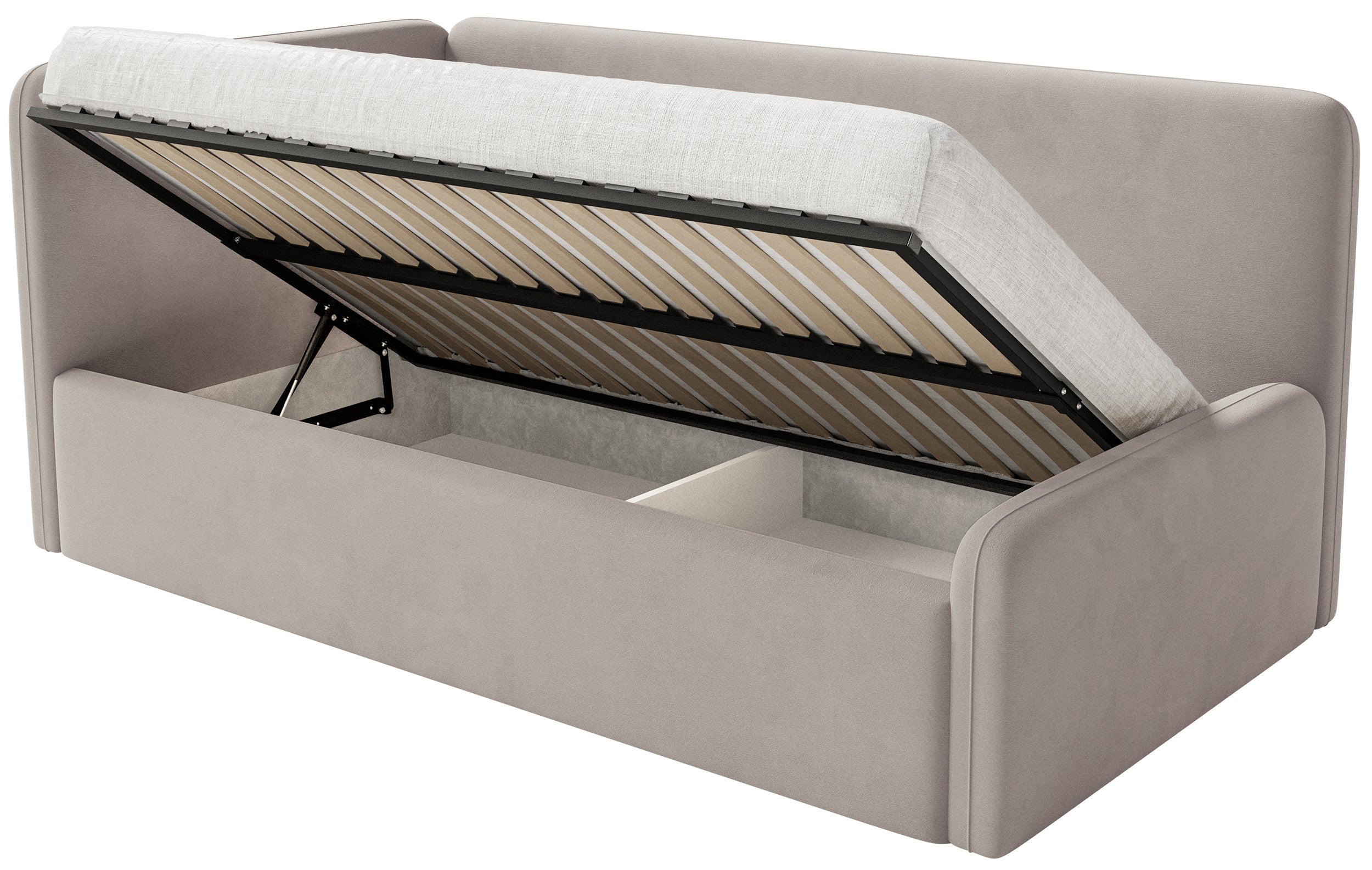 Jugendbett 120x200 cm Fanklo linksseitig mit Matratze und Stauraum, grau-beiger Velours, wasserabweisend und leicht zu reinigen