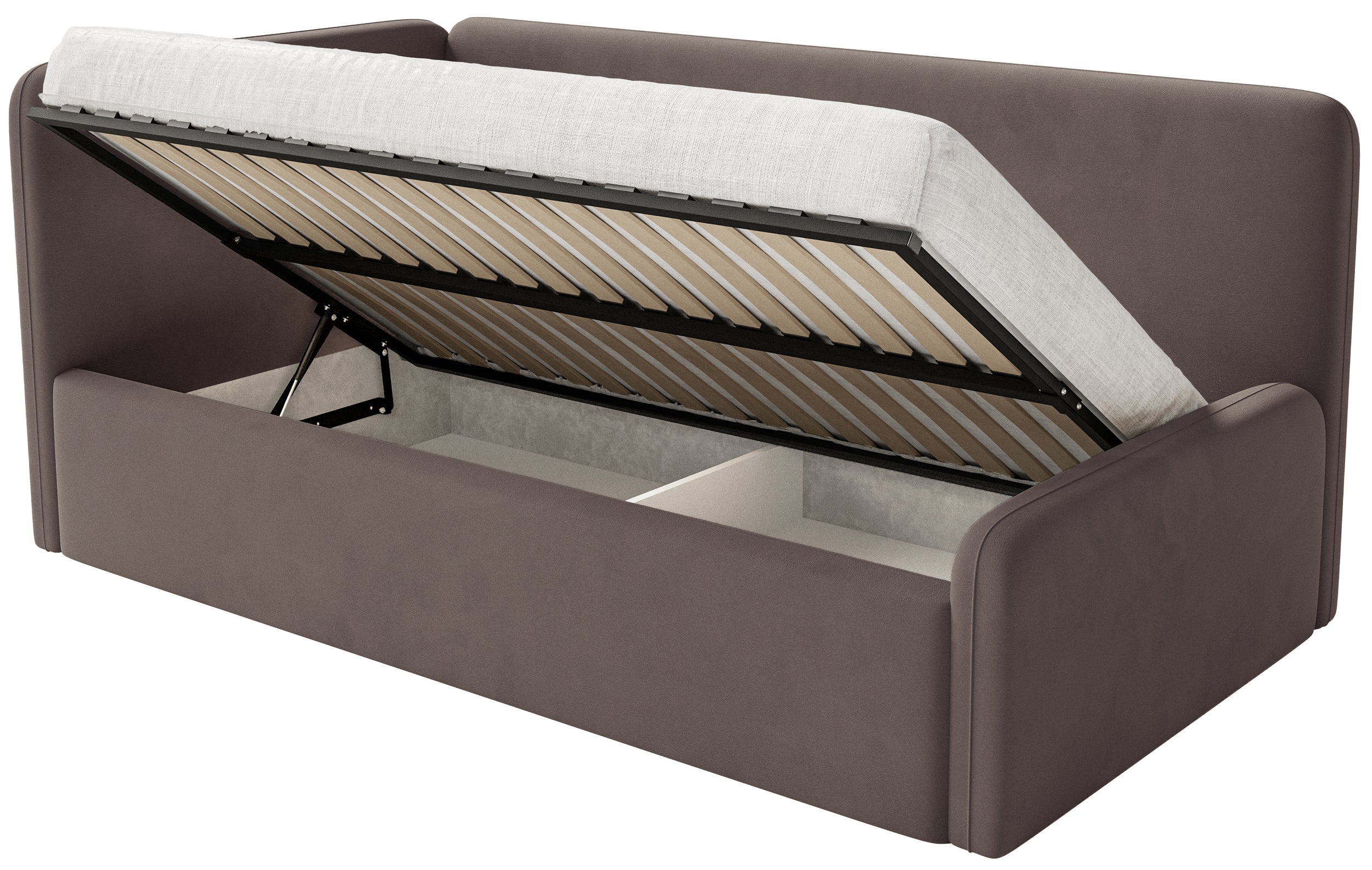 Jugendbett 120x200 cm Fanklo linksseitig mit Stauraum und Geländern, brauner Velours, wasserabweisend und pflegeleicht