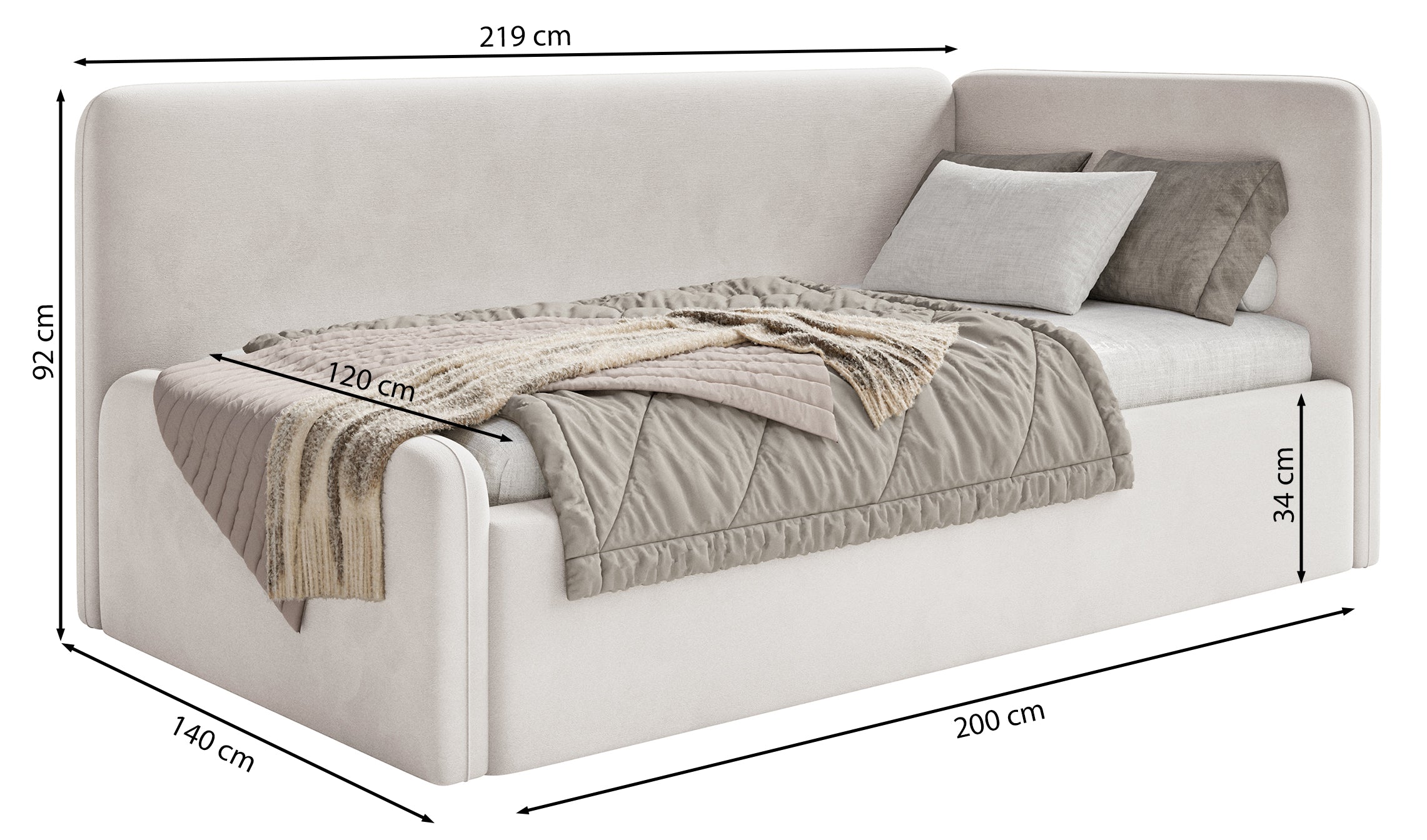 Jugendbett 120x200 cm Fanklo rechtsseitig mit Matratze und Stauraum, violetter Velours, wasserabweisend und pflegeleicht