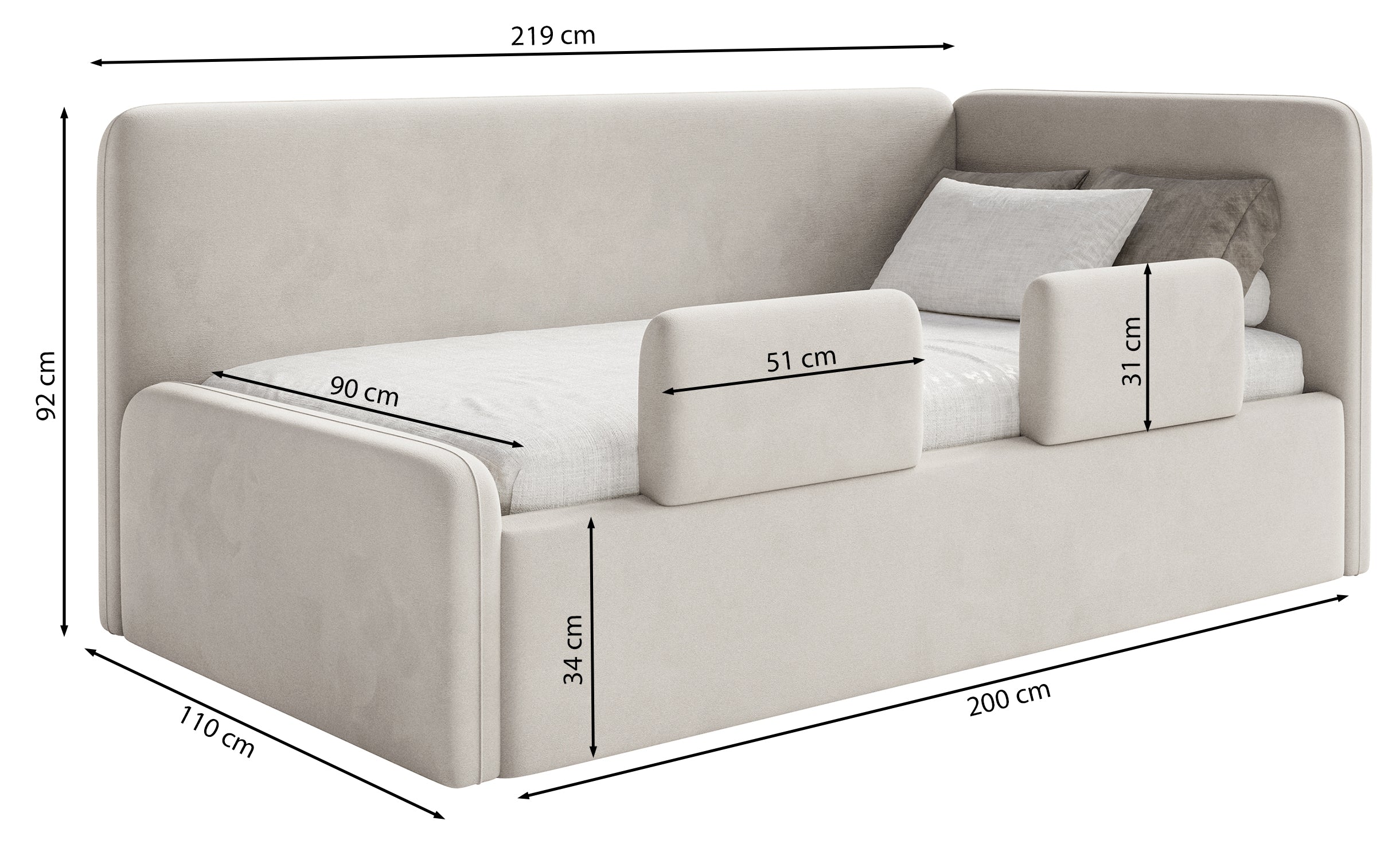 Jugendbett 90x200 cm Fanklo rechtsseitig mit Matratze, Stauraum und blauen, wasserabweisenden Plüsch-Gittern