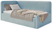 Jugendbett 120x200 cm Fanklo linksseitig mit Stauraum, hellblauer Velours, wasserabweisend und pflegeleicht