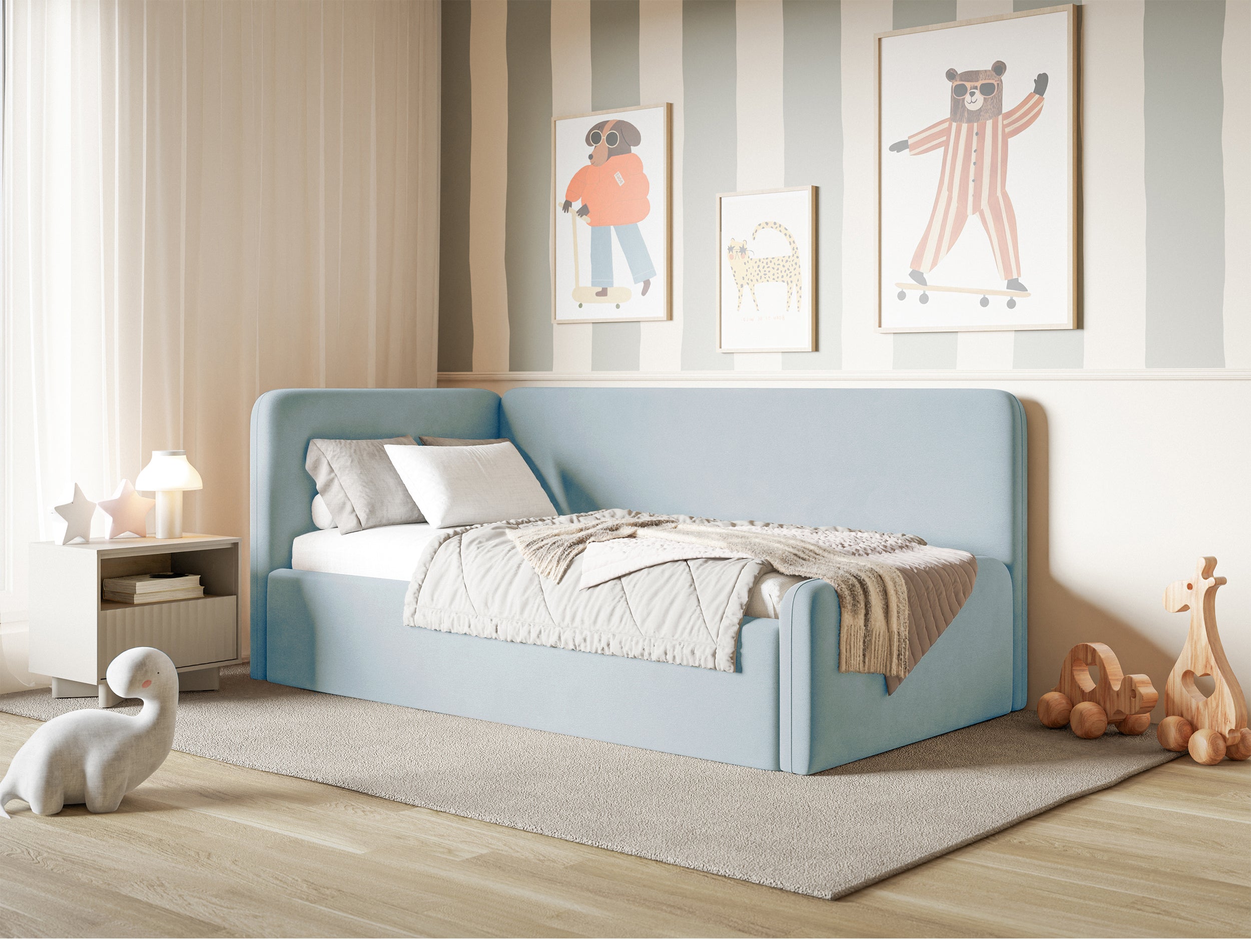 Jugendbett 120x200 cm Fanklo linksseitig mit Stauraum, hellblauer Velours, wasserabweisend und pflegeleicht