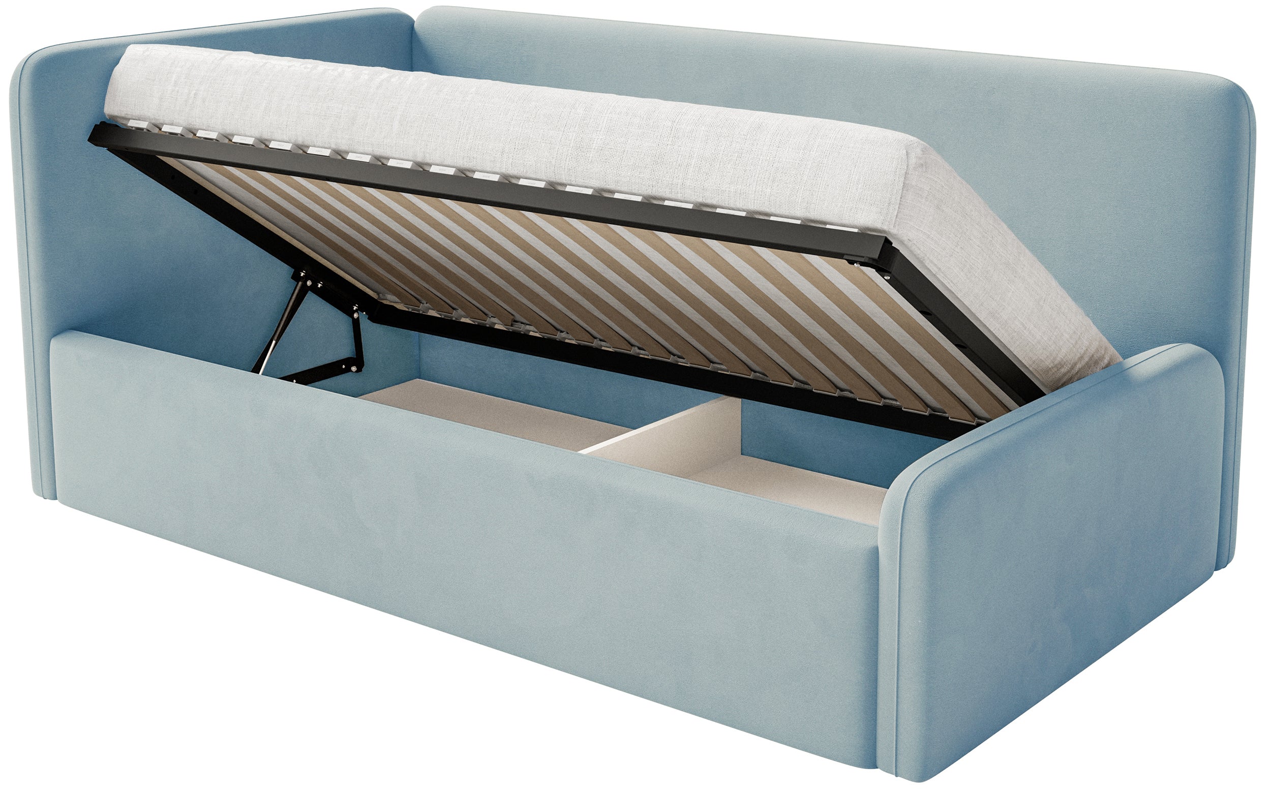 Jugendbett 90x200 cm Fanklo linksseitig mit Matratze, Stauraum und blauen Samt-Hydrophob-Schutzgittern, leicht zu reinigen