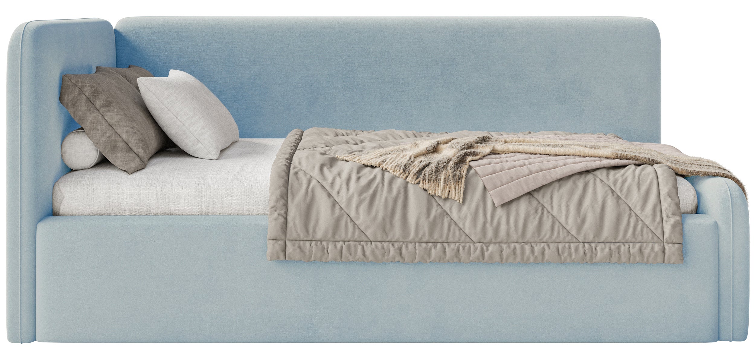 Jugendbett 90x200 cm Fanklo linksseitig mit Matratze, Stauraum und blauen Samt-Hydrophob-Schutzgittern, leicht zu reinigen