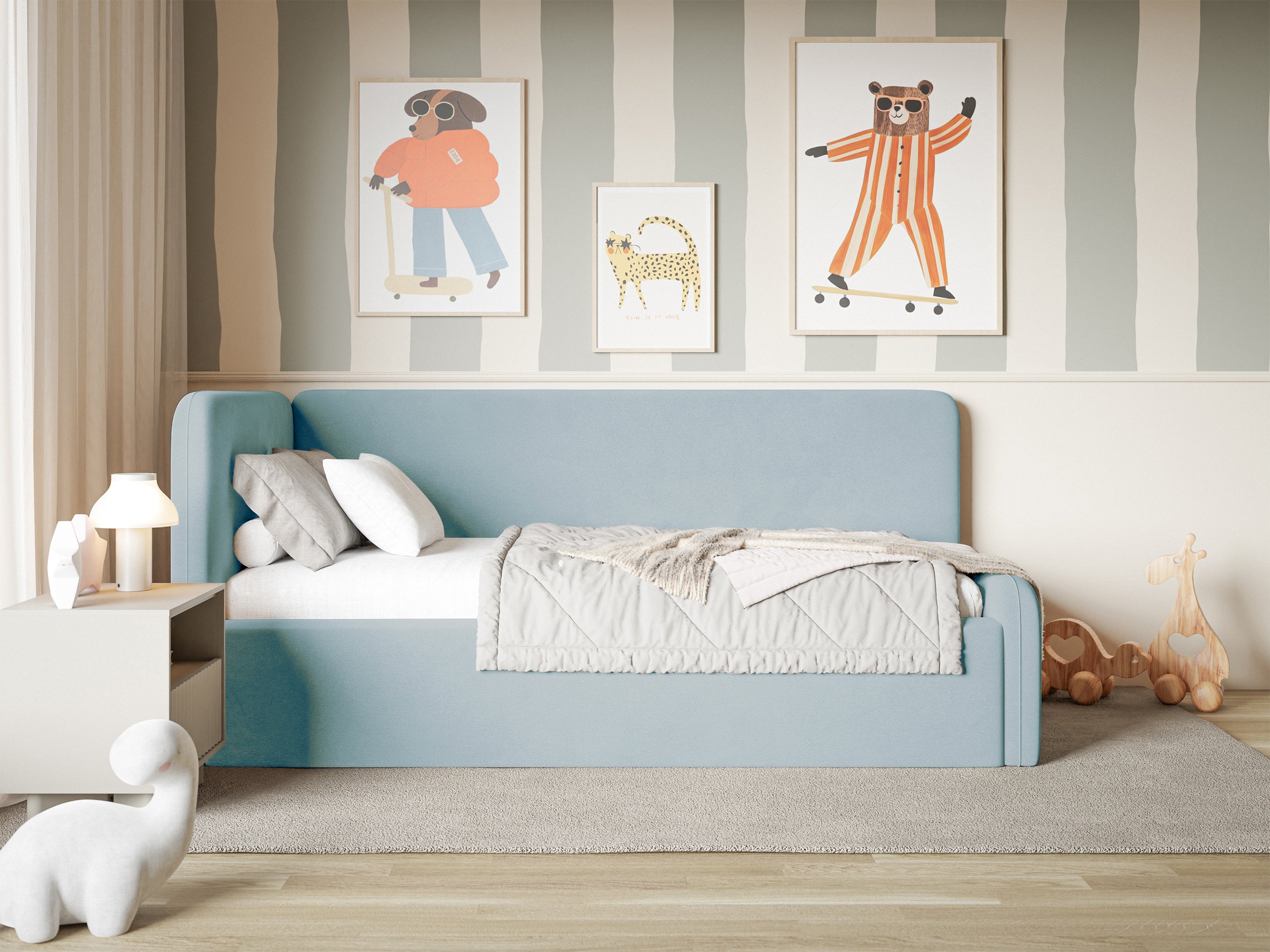 Jugendbett 90x200 cm Fanklo linksseitig mit Matratze, Stauraum und blauen Samt-Hydrophob-Schutzgittern, leicht zu reinigen