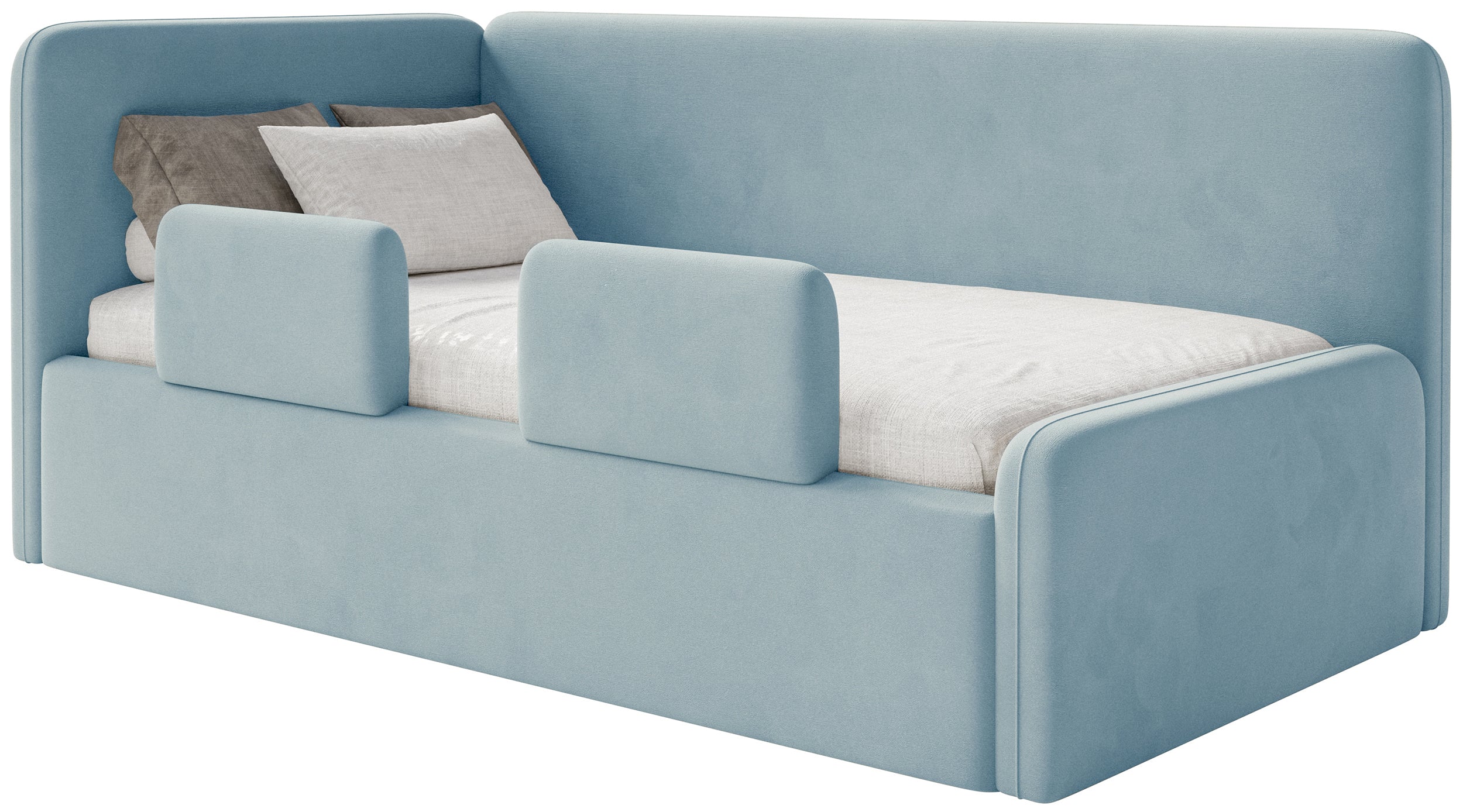 Jugendbett 90x200 cm Fanklo linksseitig mit Matratze, Stauraum und blauen Samt-Hydrophob-Schutzgittern, leicht zu reinigen