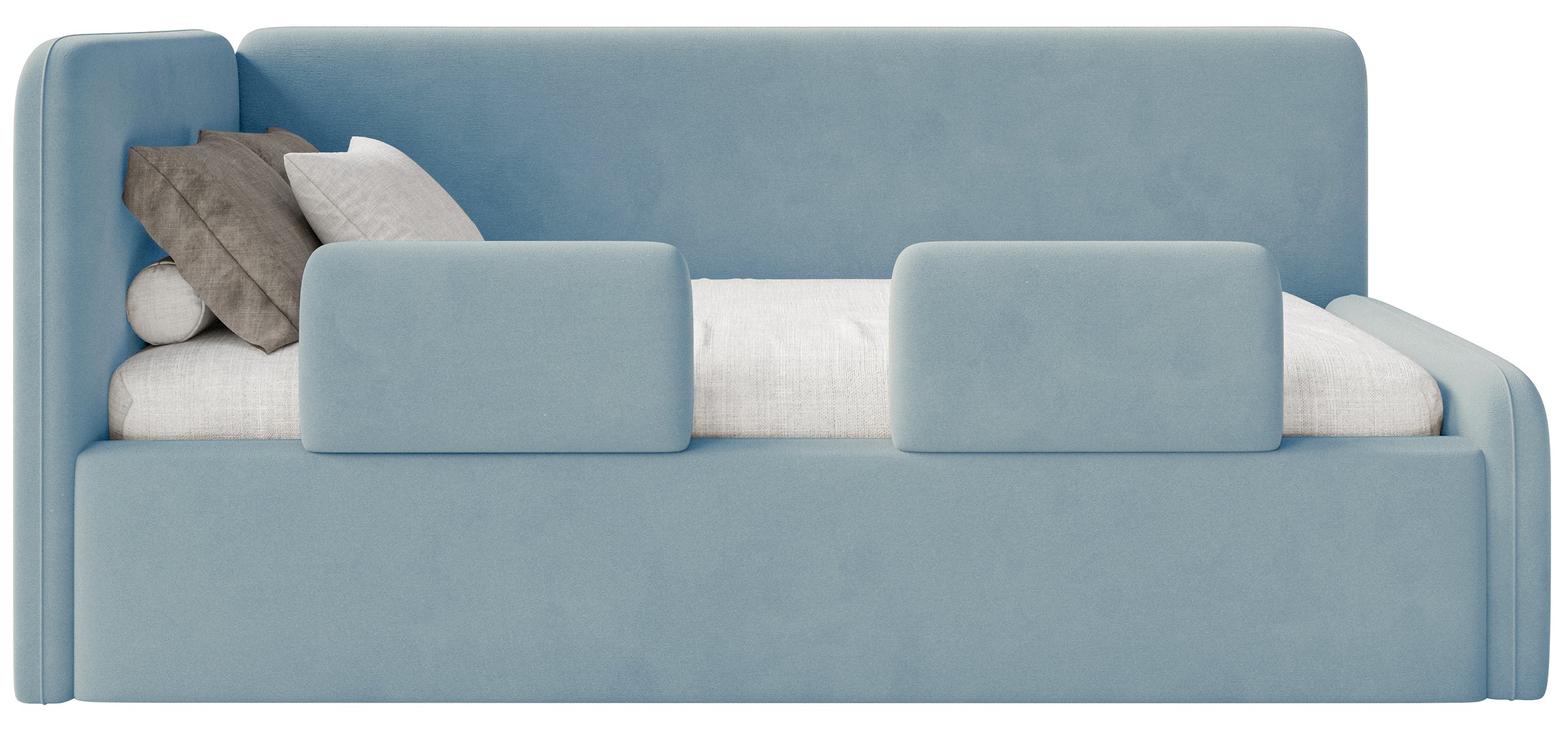 Jugendbett 90x200 cm Fanklo linksseitig mit Matratze, Stauraum und blauen Samt-Hydrophob-Schutzgittern, leicht zu reinigen