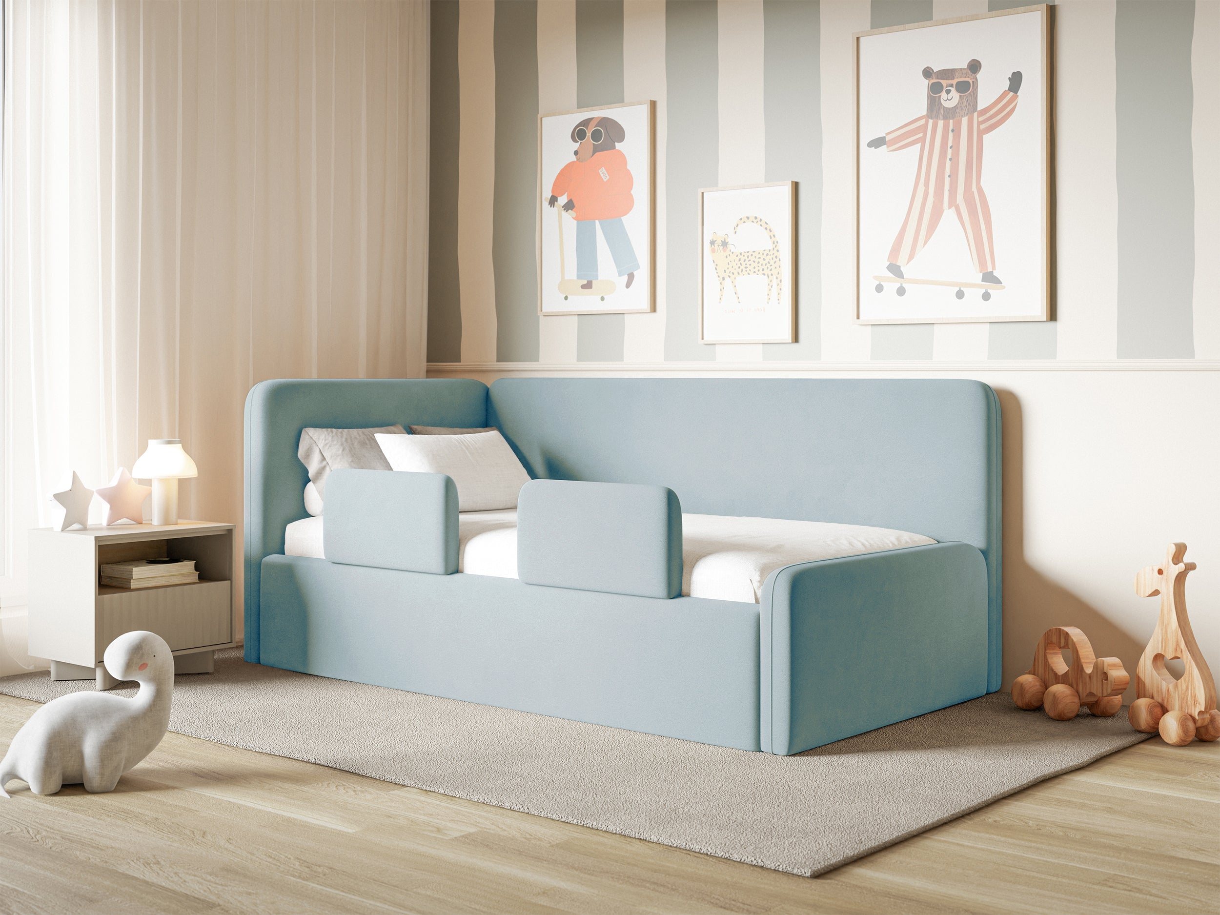 Jugendbett 90x200 cm Fanklo linksseitig mit Matratze, Stauraum und blauen Samt-Hydrophob-Schutzgittern, leicht zu reinigen