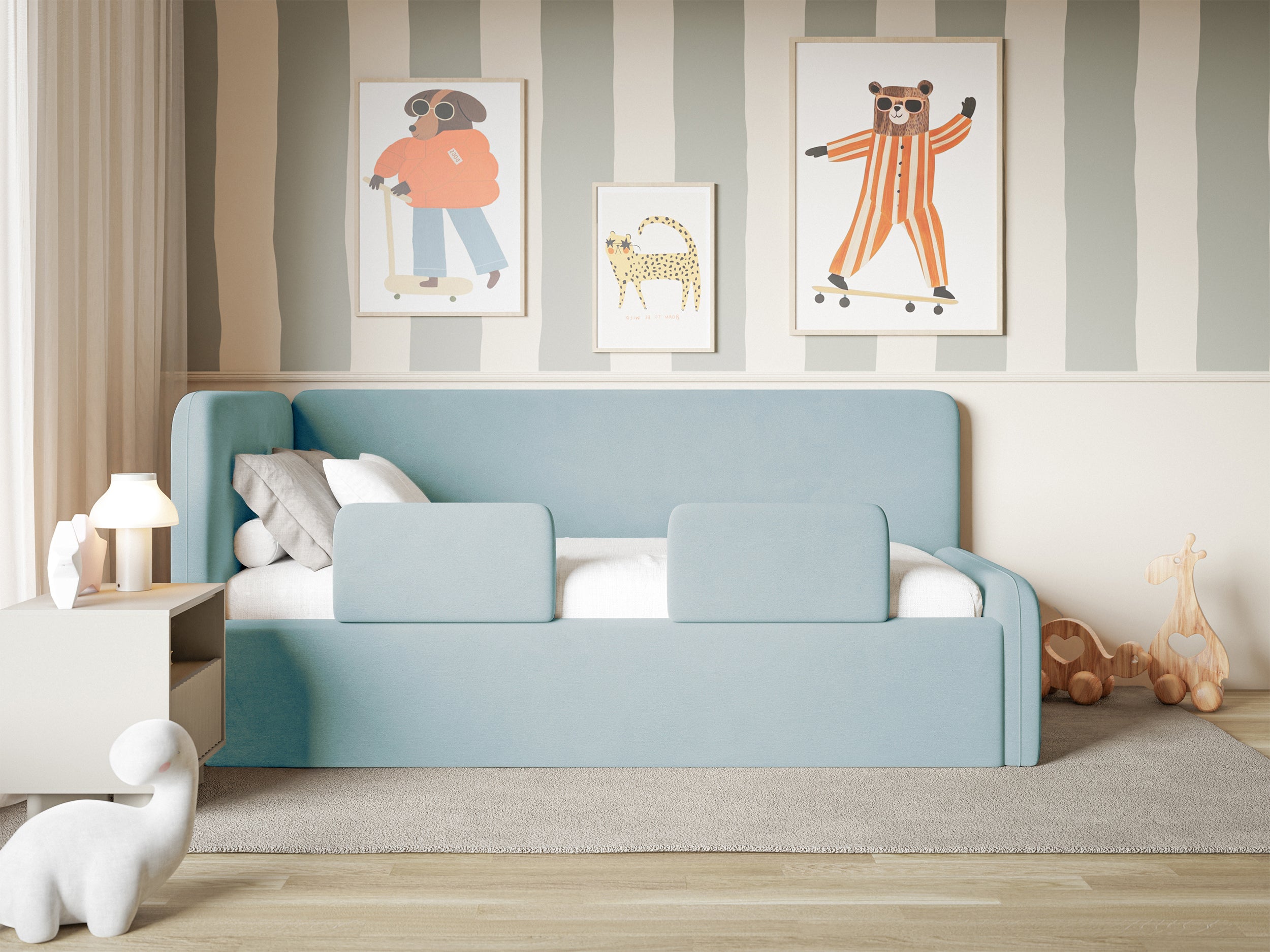 Jugendbett 90x200 cm Fanklo linksseitig mit Matratze, Stauraum und blauen Samt-Hydrophob-Schutzgittern, leicht zu reinigen