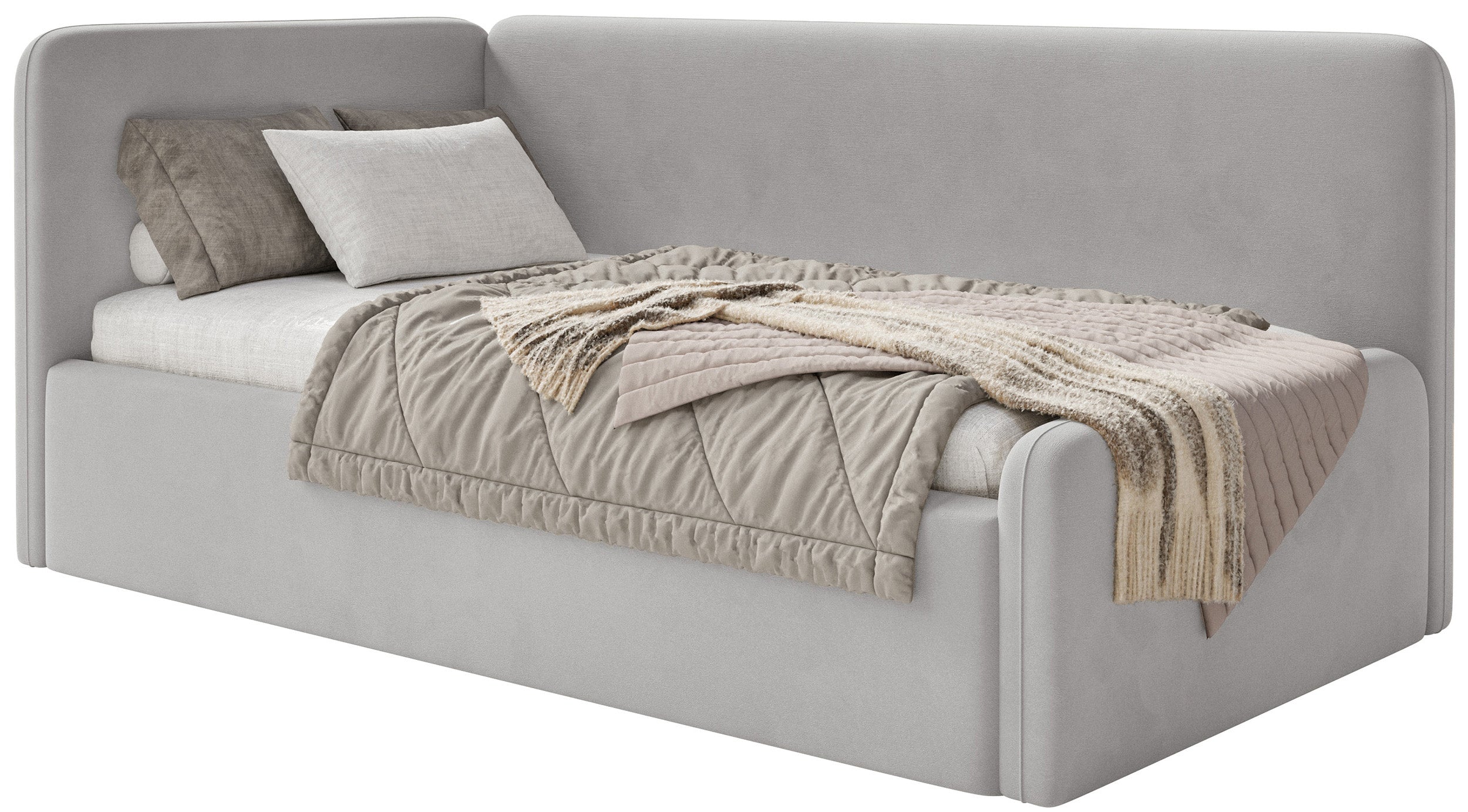 Jugendbett 120x200 cm Fanklo linksseitig mit Stauraum, hellgrauer Velours, wasserabweisend und pflegeleicht