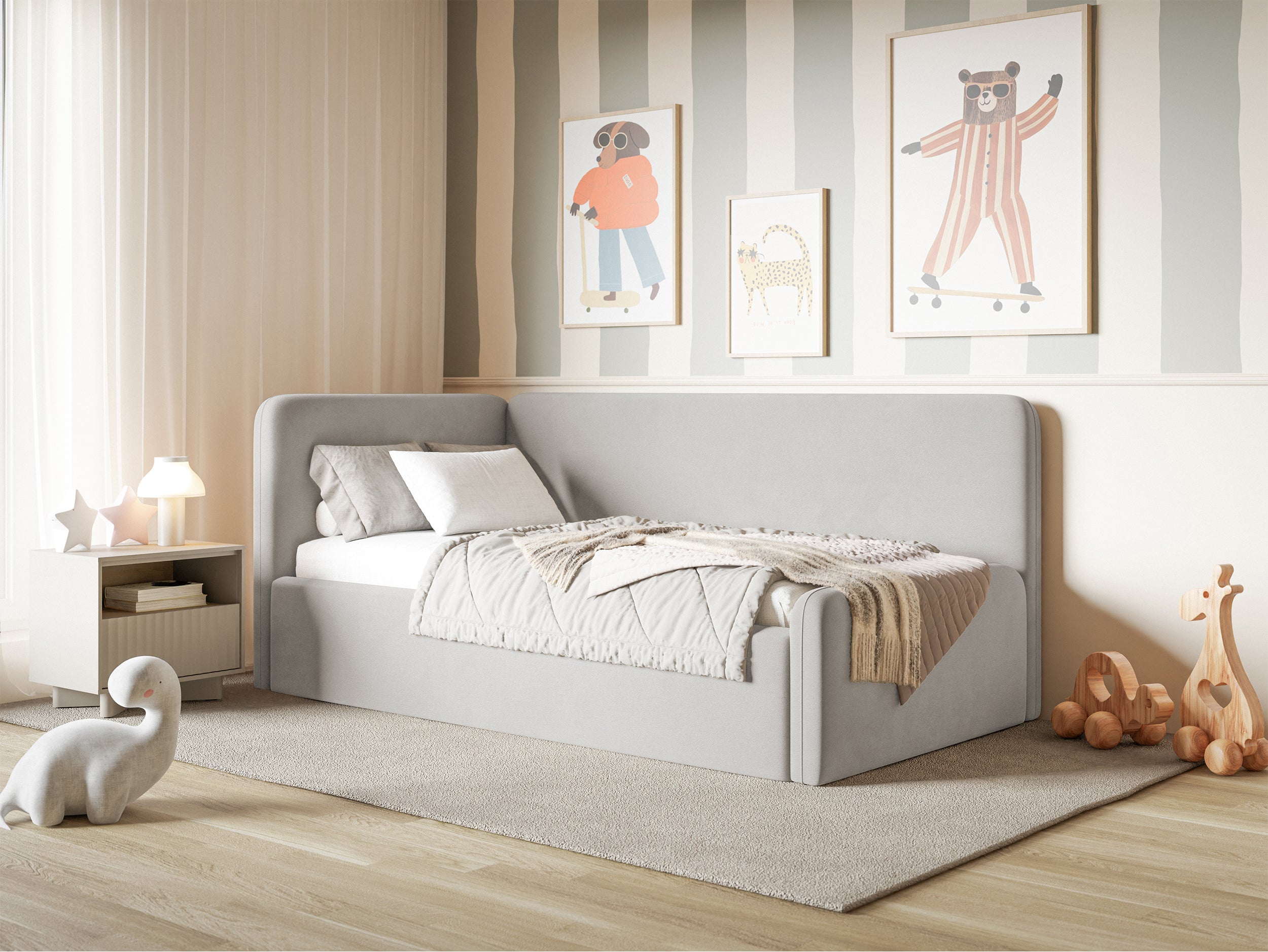 Jugendbett 120x200 cm Fanklo linksseitig mit Stauraum, hellgrauer Velours, wasserabweisend und pflegeleicht