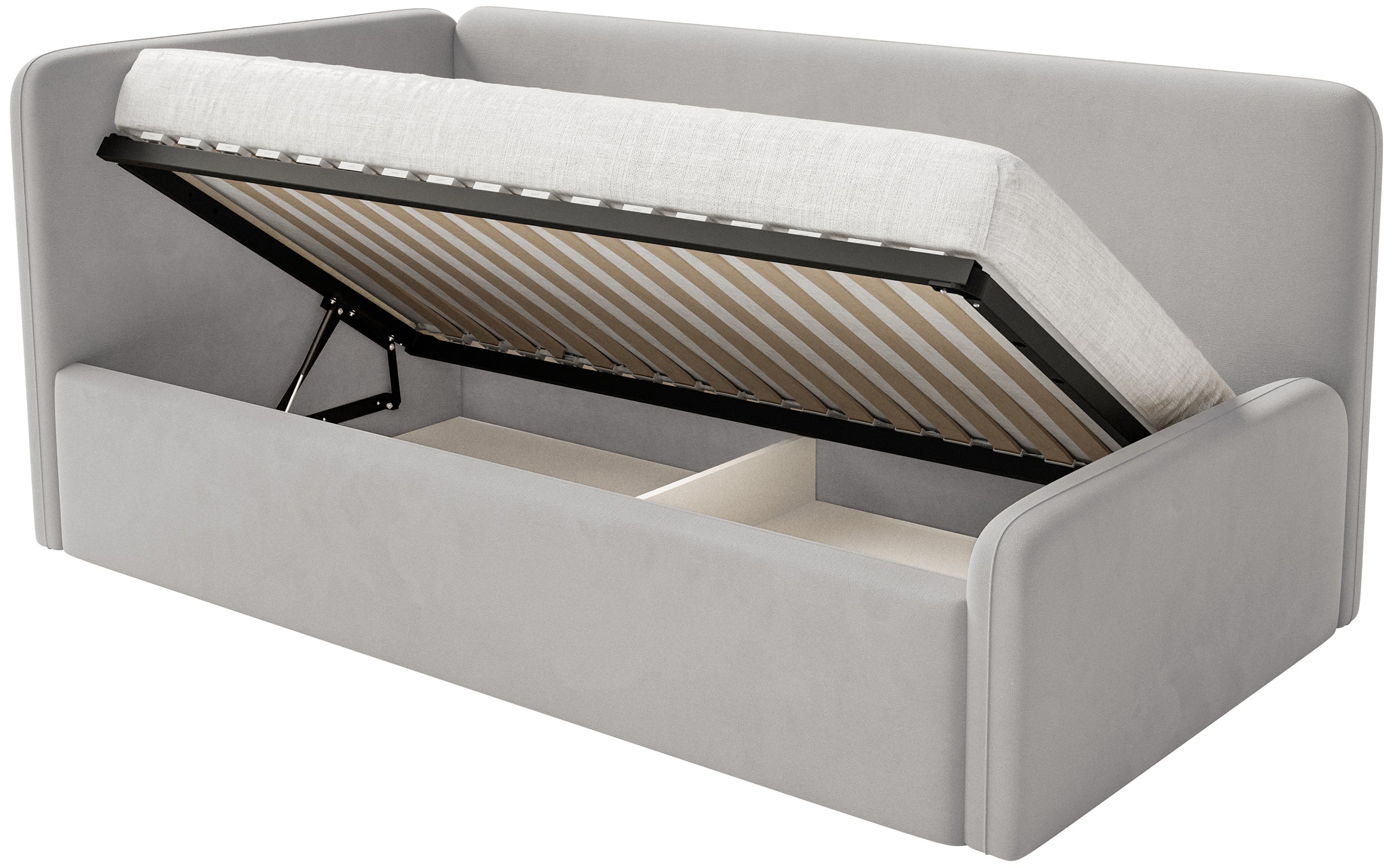 Jugendbett 90x200 cm Fanklo linksseitig mit Stauraum und hellgrauen, wasserabweisenden, pflegeleichten Samt-Geländern