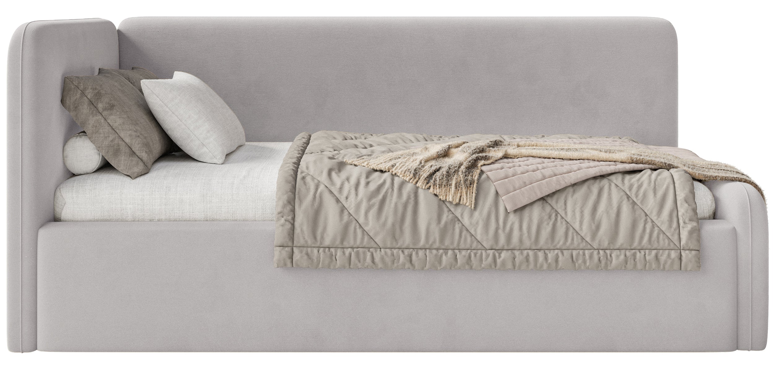 Jugendbett 120x200 cm Fanklo linksseitig mit Stauraum, hellgrauer Velours, wasserabweisend und pflegeleicht