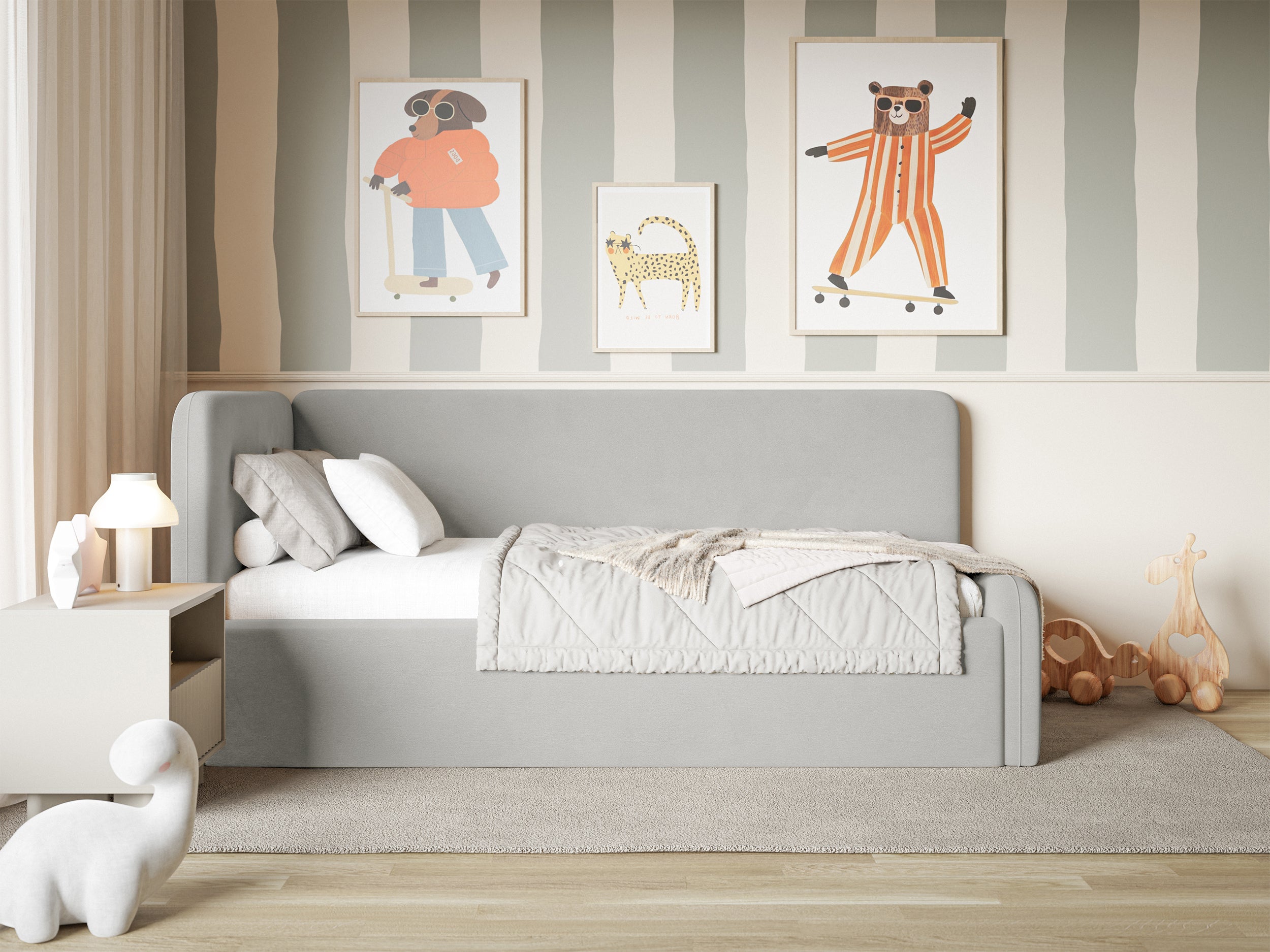 Jugendbett 120x200 cm Fanklo linksseitig mit Stauraum, hellgrauer Velours, wasserabweisend und pflegeleicht