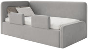 Jugendbett 90x200 cm Fanklo linksseitig mit Stauraum und hellgrauen, wasserabweisenden, pflegeleichten Samt-Geländern