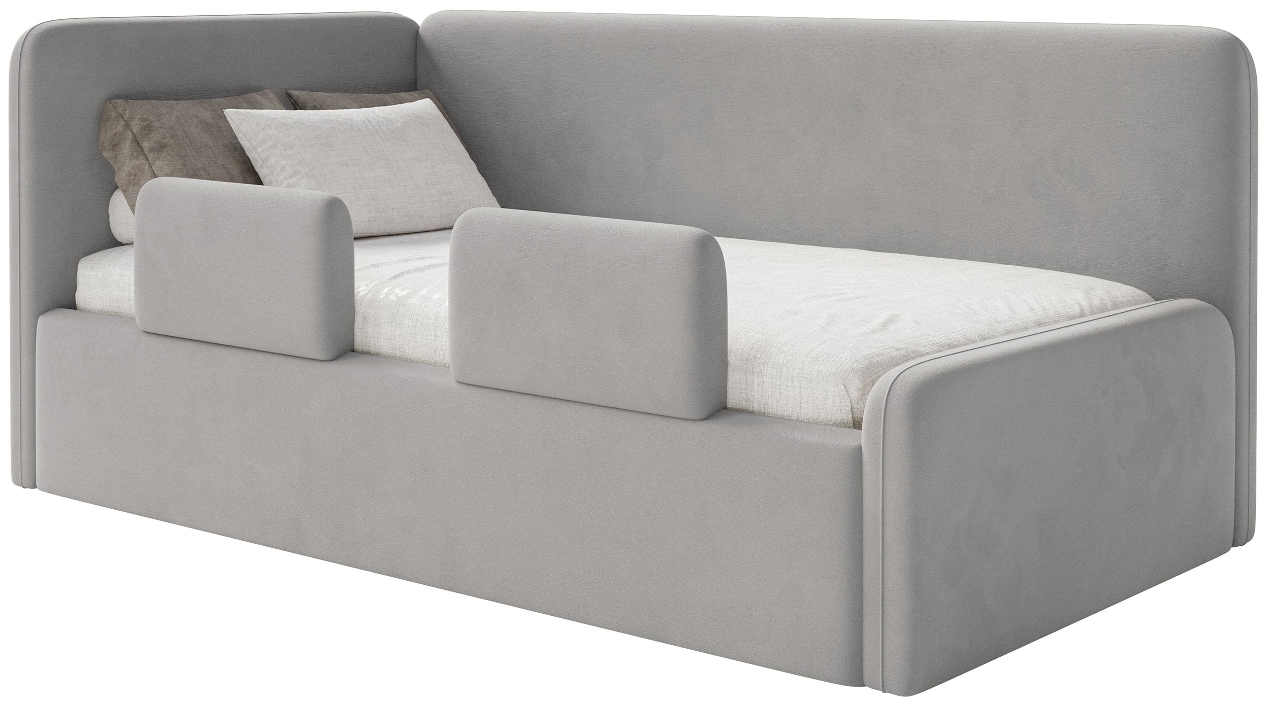 Jugendbett 90x200 cm Fanklo linksseitig mit Stauraum und hellgrauen, wasserabweisenden, pflegeleichten Samt-Geländern