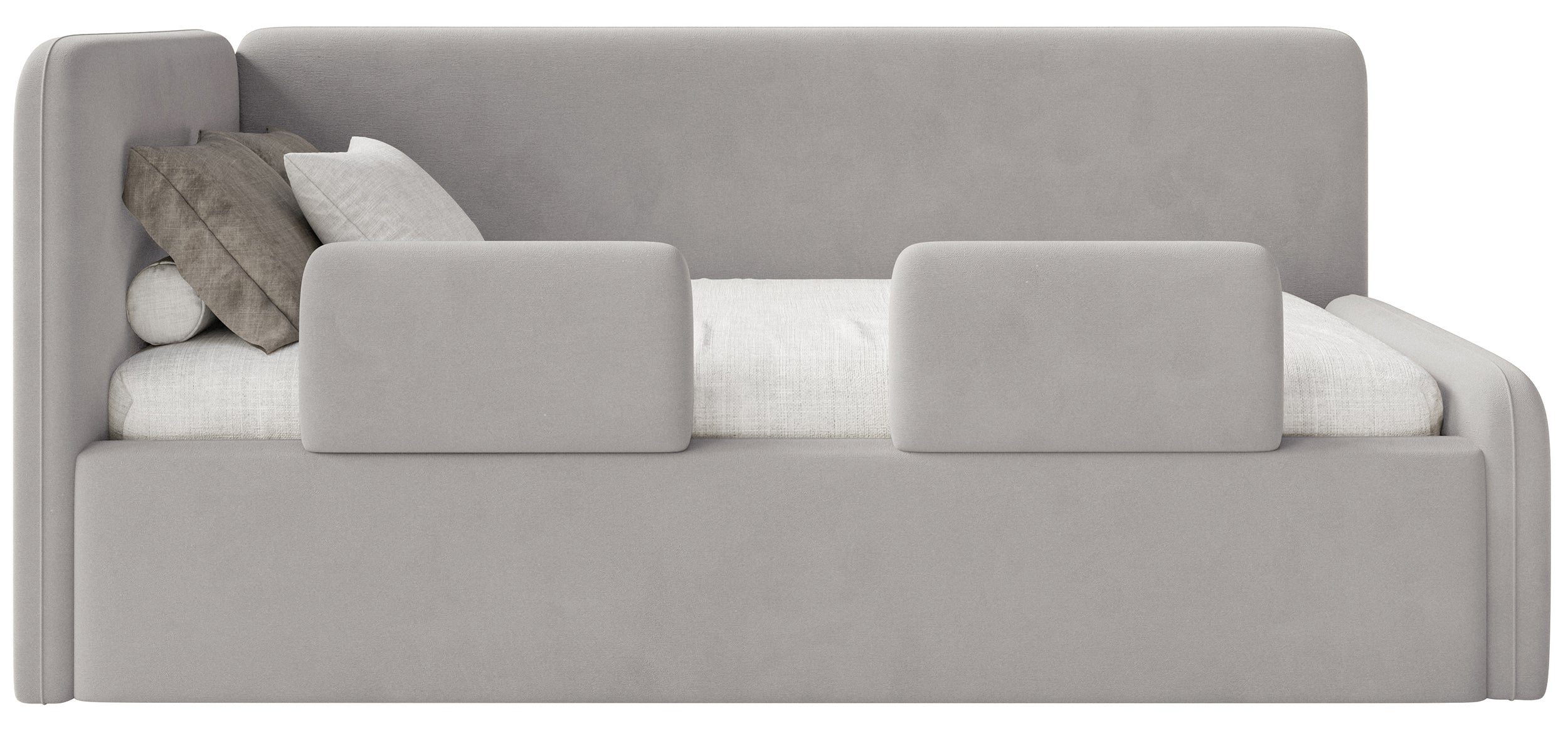 Jugendbett 90x200 cm Fanklo linksseitig mit Stauraum und hellgrauen, wasserabweisenden, pflegeleichten Samt-Geländern