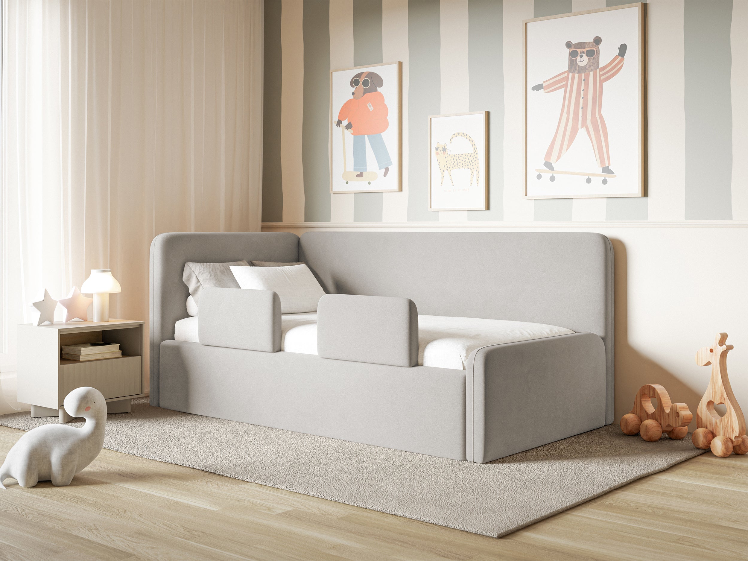 Jugendbett 120x200 cm Fanklo linksseitig mit Stauraum und hellgrauen, wasserabweisenden, pflegeleichten Samt-Seitenleisten
