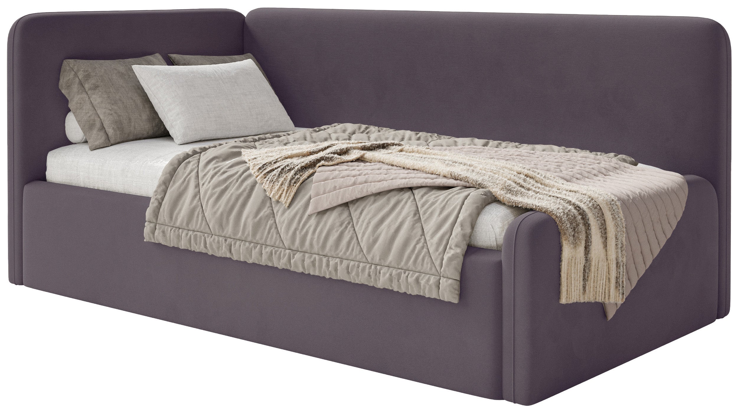 Jugendbett 90x200 cm Fanklo linksseitig mit Stauraum, violetter Velours, wasserabweisend und pflegeleicht